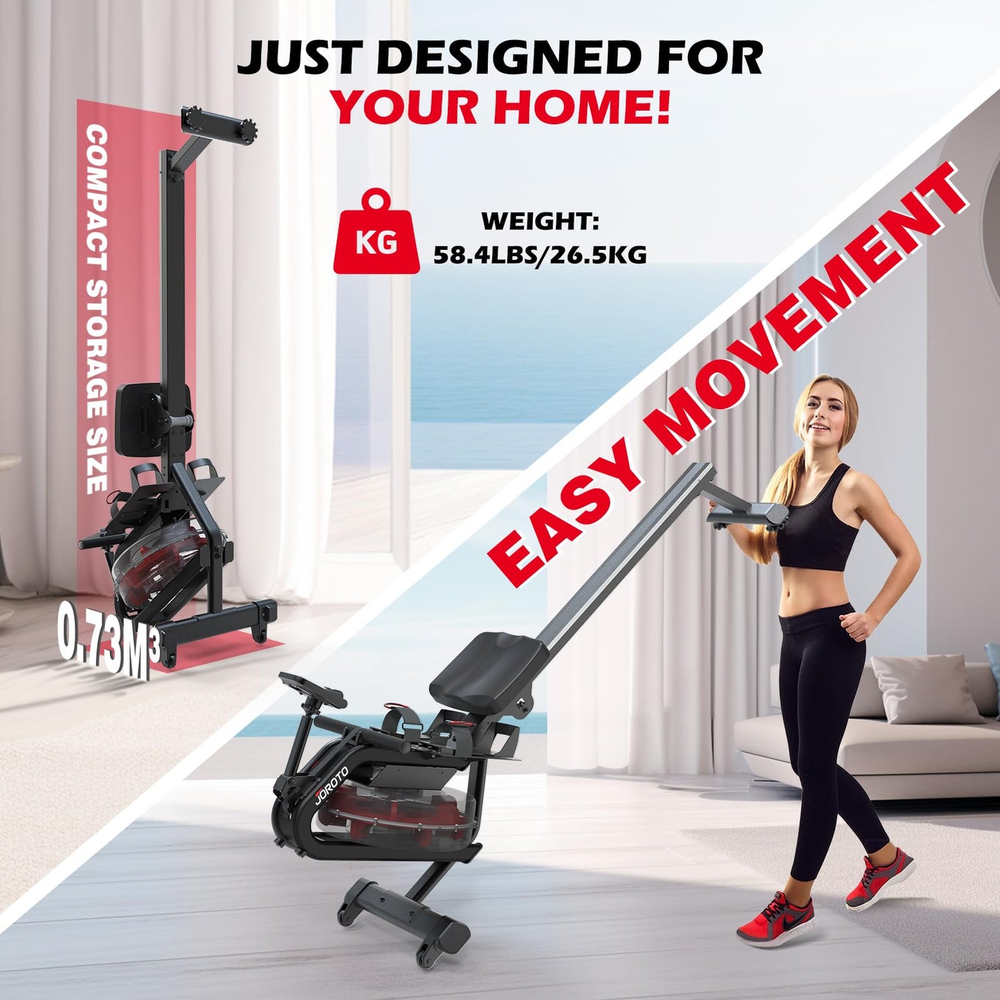 - JOROTO Water Rowing Machine For Home Gym | 150KG Weight Capacity With Bluetooth Connection -