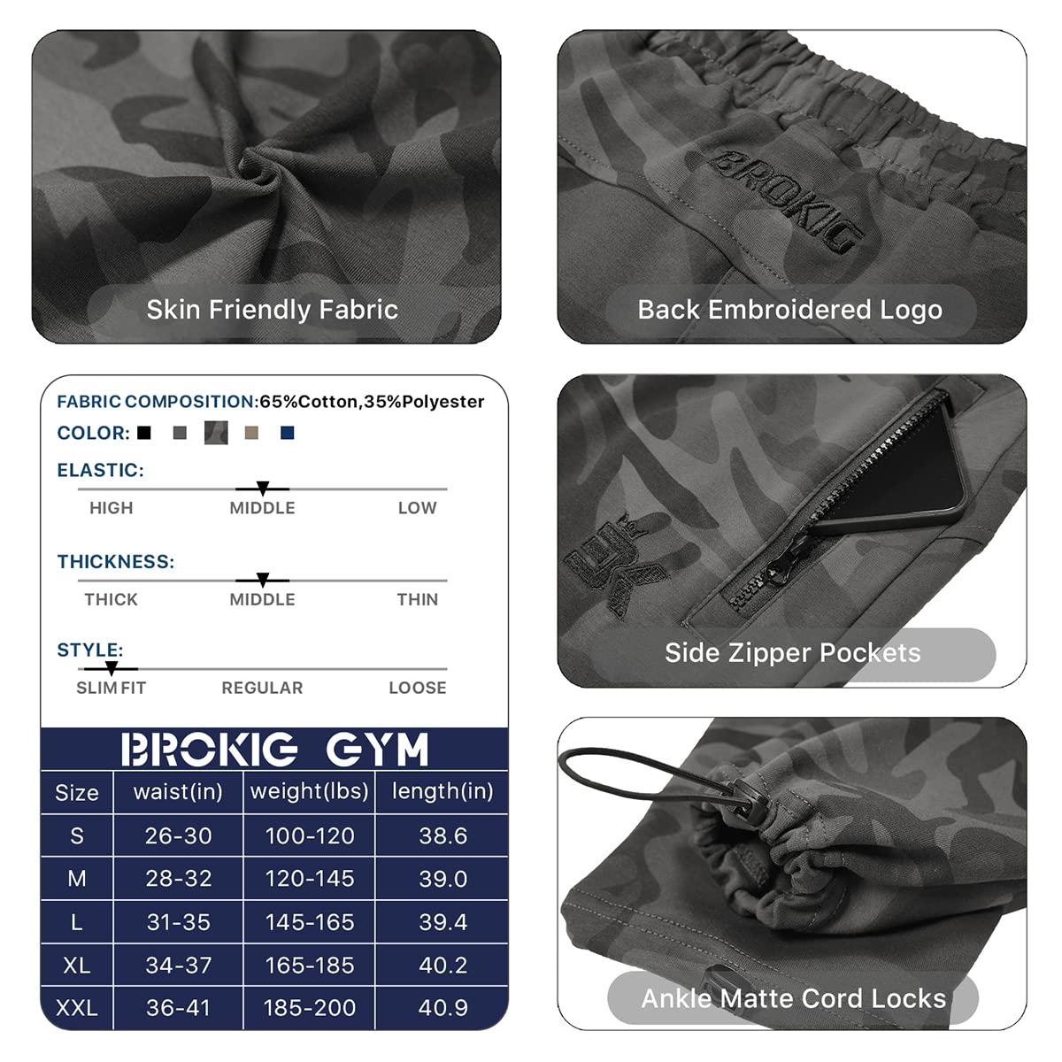 BROKIG Mens Ankle Cords Gym Joggers,Mens Tracksuit Bottoms Running Trousers with Zip Pockets(Camo Green,S)