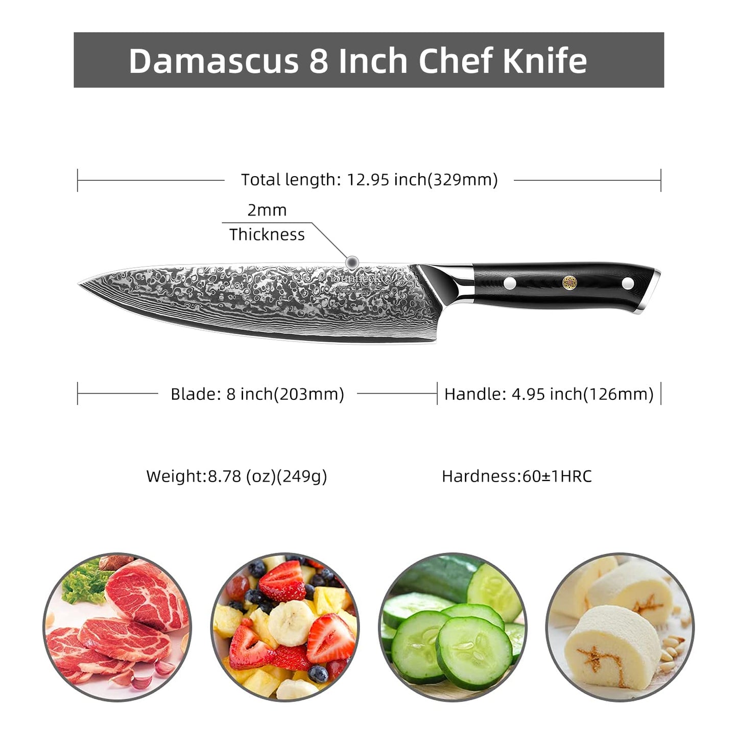 - Sunnecko Chef Knife 8 inch | Kitchen Knife with 73-Layer | VG10 Damascus Steel Sharp -