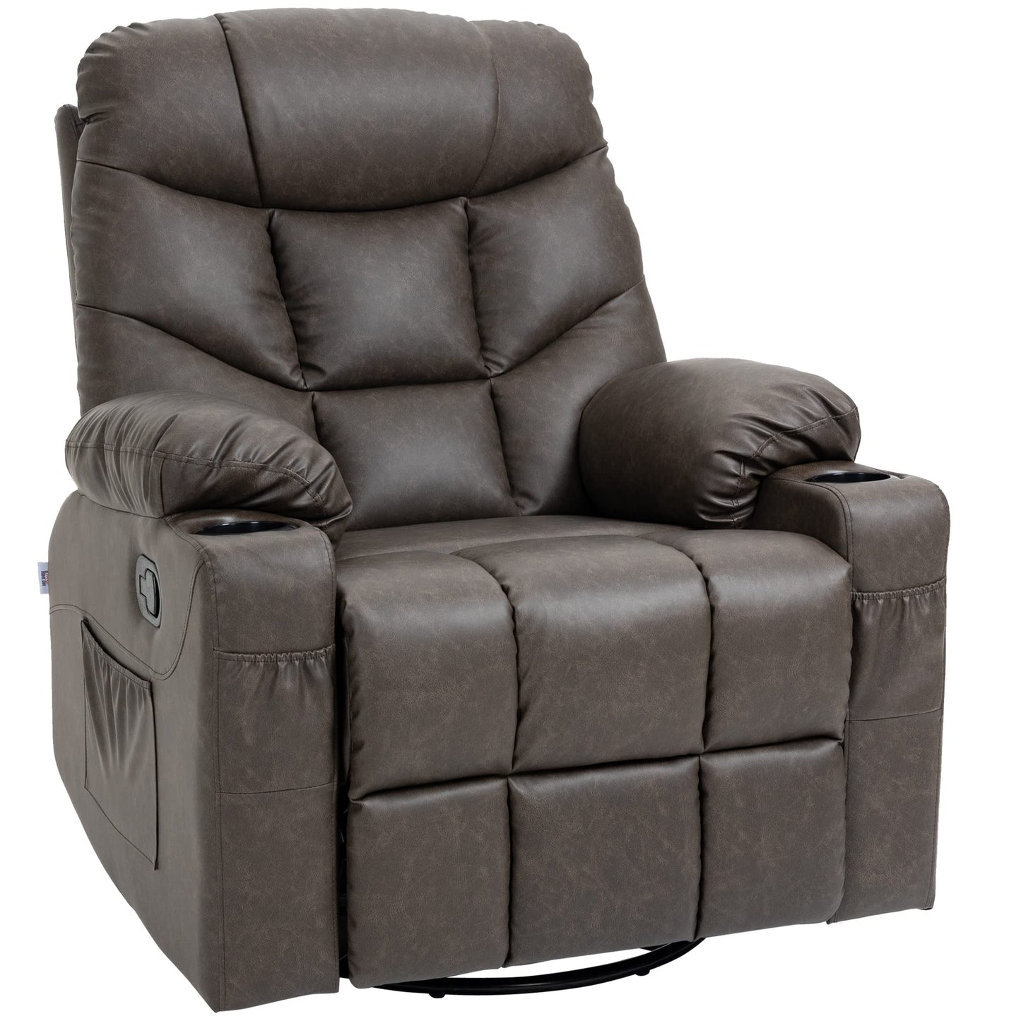 - HOMCOM Manual Recliner Chair | Overstuffed PU Leather Recliner Armchair | Footrest | Cup Holders | Side Pockets | 360° Swivel -