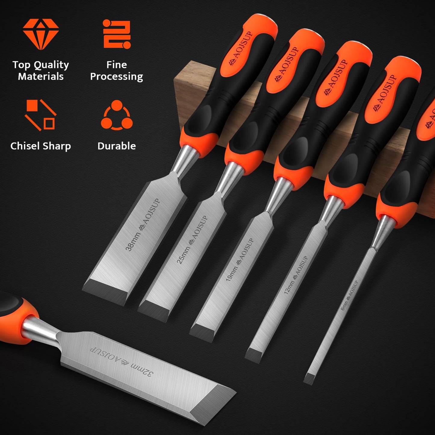 AojSup Wood Chisel Set, 6-Piece Woodworking Carving Chisels (6mm, 12mm,19mm, 25mm, 32mm, 38mm), Sharp Bevel Edge Chisels with Sharpening Stone, Perfect for Woodworking, Wood Carving and Sculpting