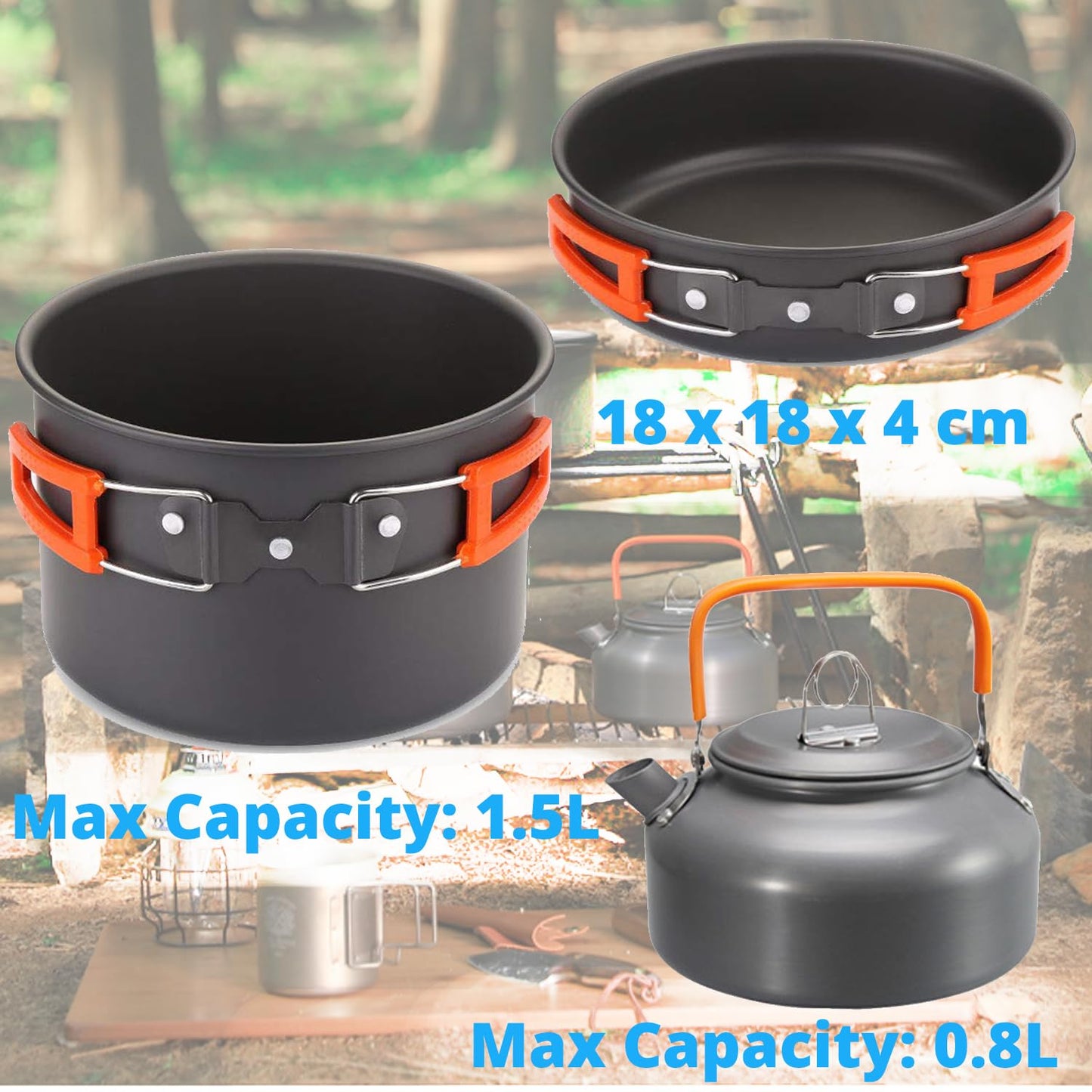 Camping Cooking Set WODSTA camping equipment for 1-3 People Aluminium Camping Cookware 9 PCS Camping Accessories Cooking Include 1.5L Pot, 0.8L Kettle and Pan etc |Easy to Clean||Easy to Pack Away|