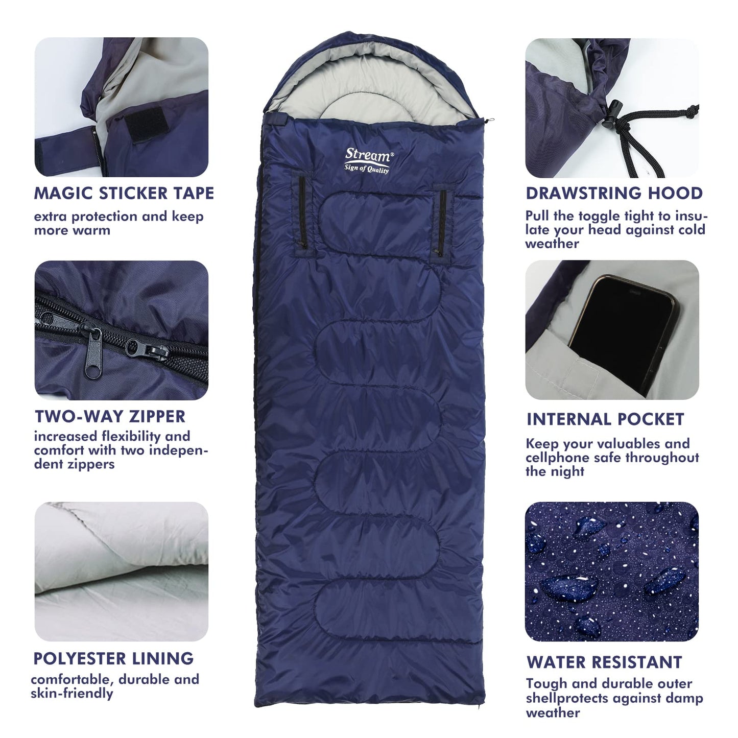 Camping Sleeping Bag - 3 Season Warm & Cool Weather - Lightweight Waterproof Sleeping Bag with Zippered Holes for Adults & Kids - Camping,Traveling, Music Festival and Outdoors (blue)