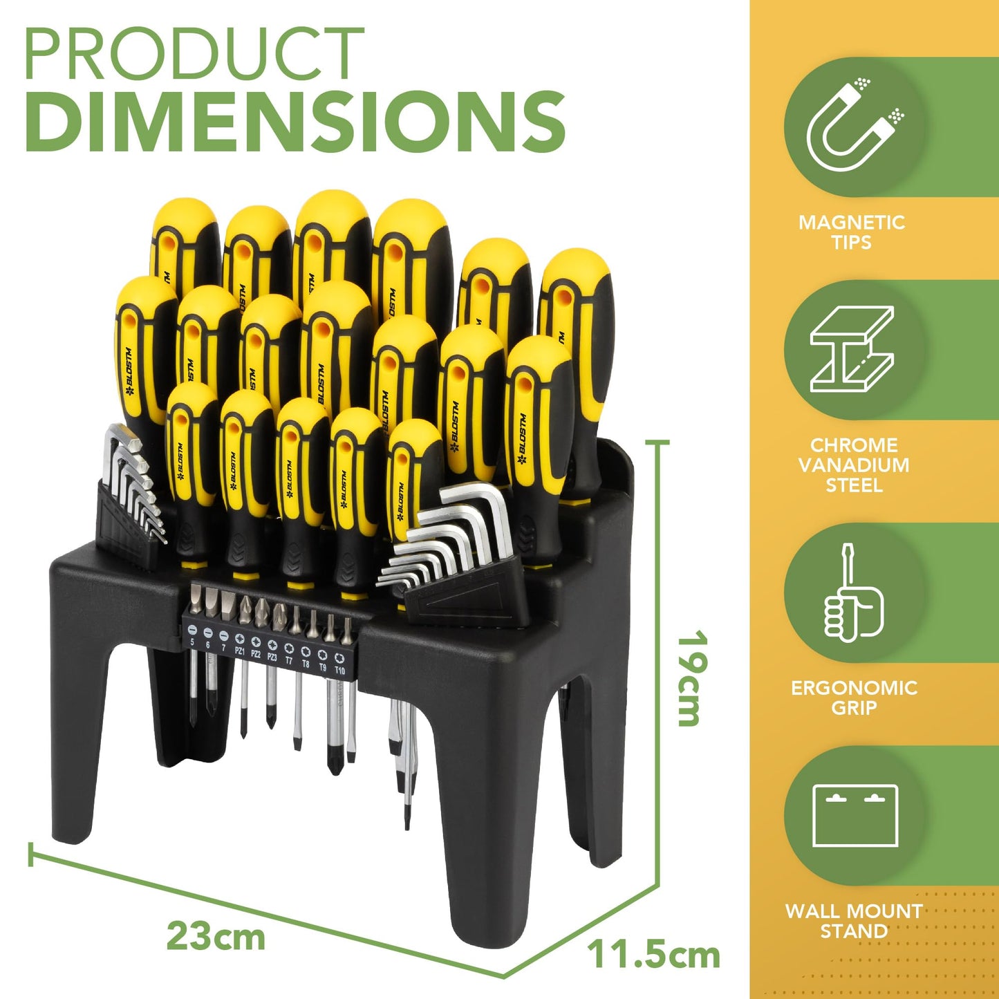 BLOSTM Magnetic Screwdriver Set with Stand - 44PCS Screw Driver Set & Wall Mount Screwdriver Organizer - Crosshead, Flathead, PZ, Star Screw Driver Sets, Metric & Imperial Hex Keys, Screwdriver Bits