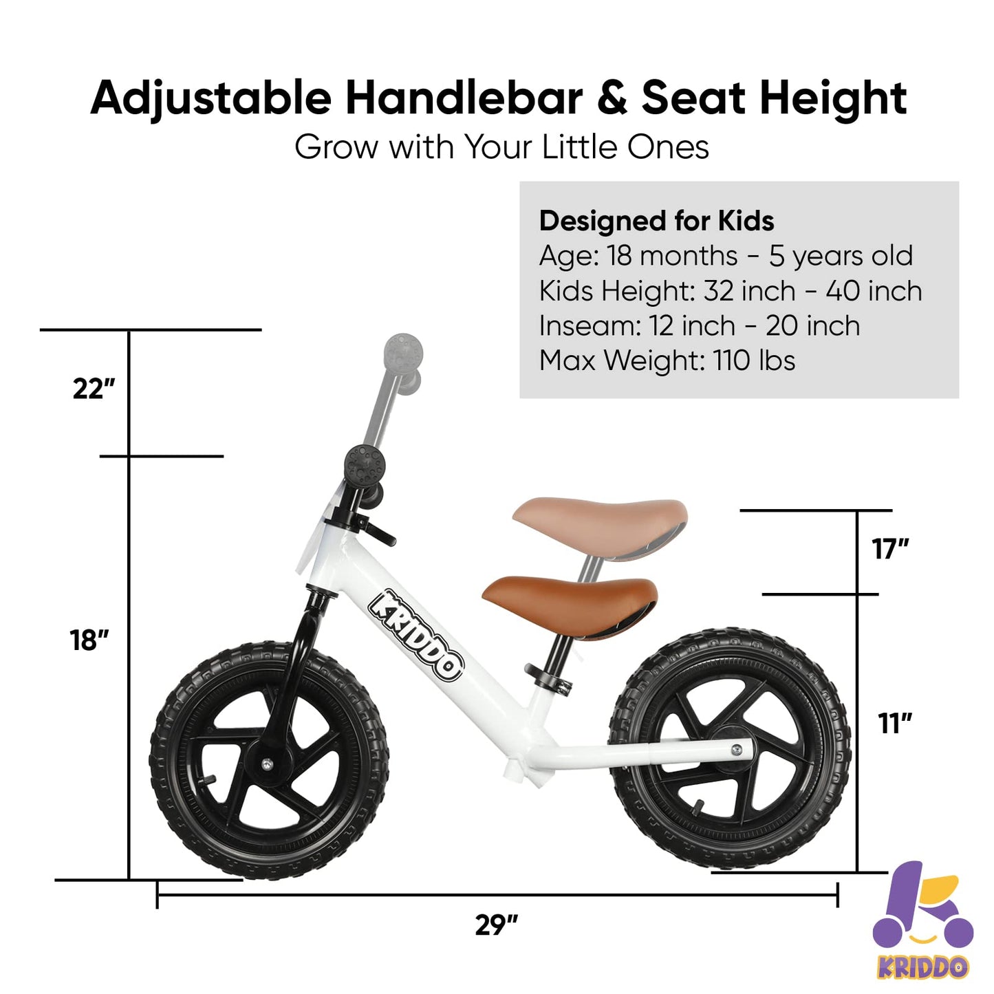 - KRIDDO Toddler Balance Bike | Age 18 Months to 5 Years Old | 12 Inch Push Bike -