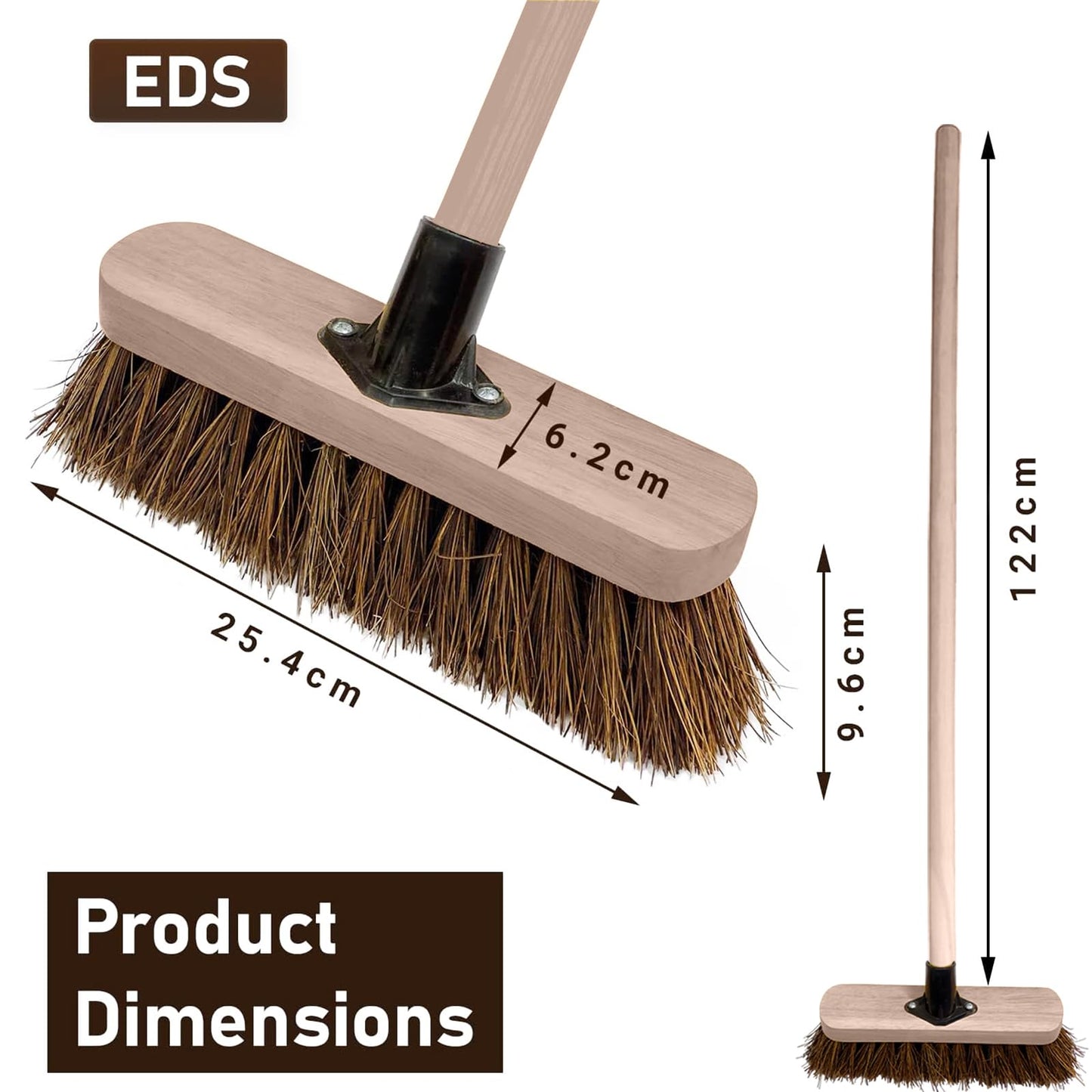 10” Garden Broom Outdoor with Wooden Handle Natural Stiff Bassine Hard Bristle Broom with Durable Support Bracket Yard Brush Heavy Duty Broom Outdoor Stiff Sweeping Yard Brush (Pack of 1)