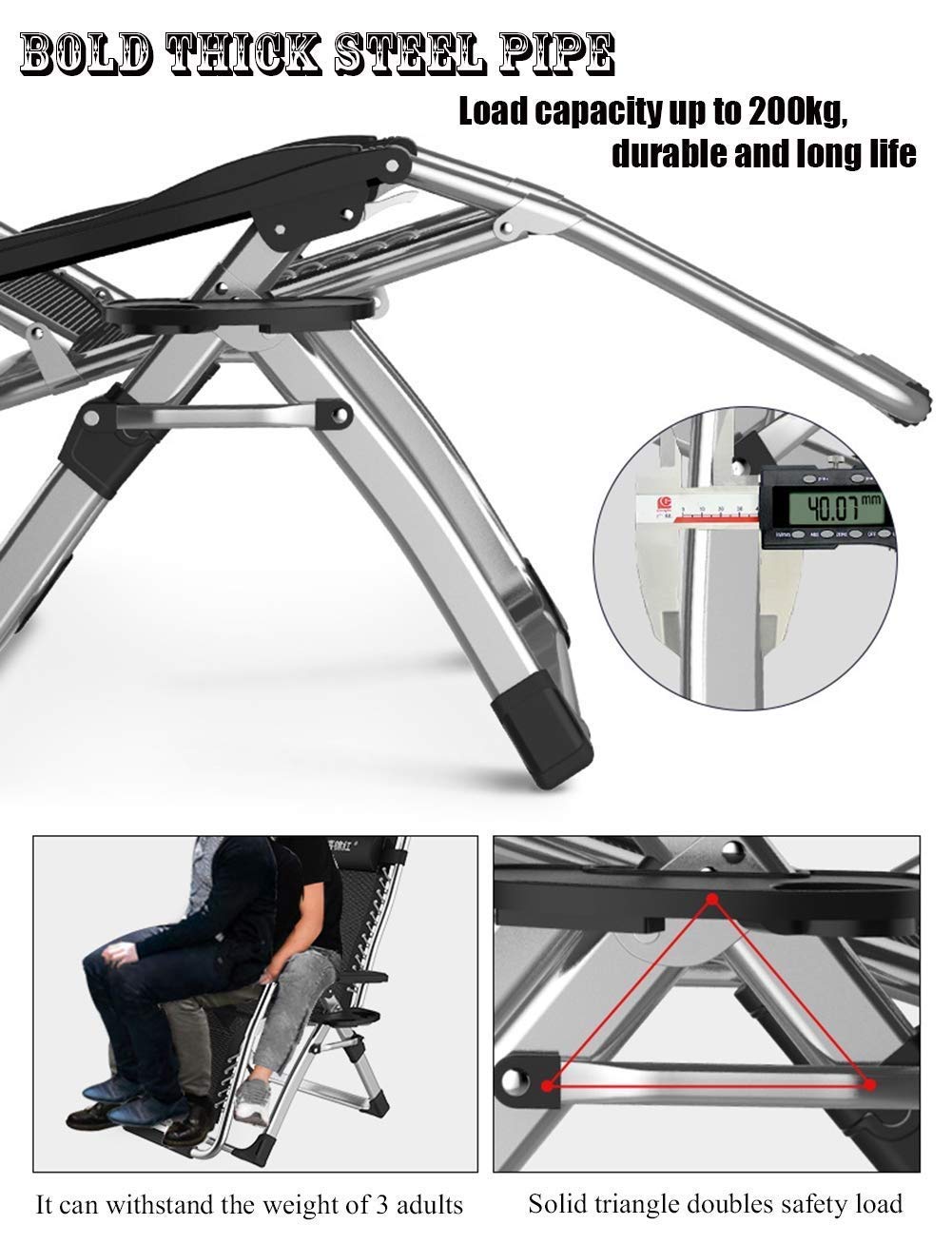 CHAIRQEW Patio Lawn Chairs Reclining for Heavy People Zero Gravity Outdoor Garden Beach Deck Sun Lounger Support200kg (Color : Silver)