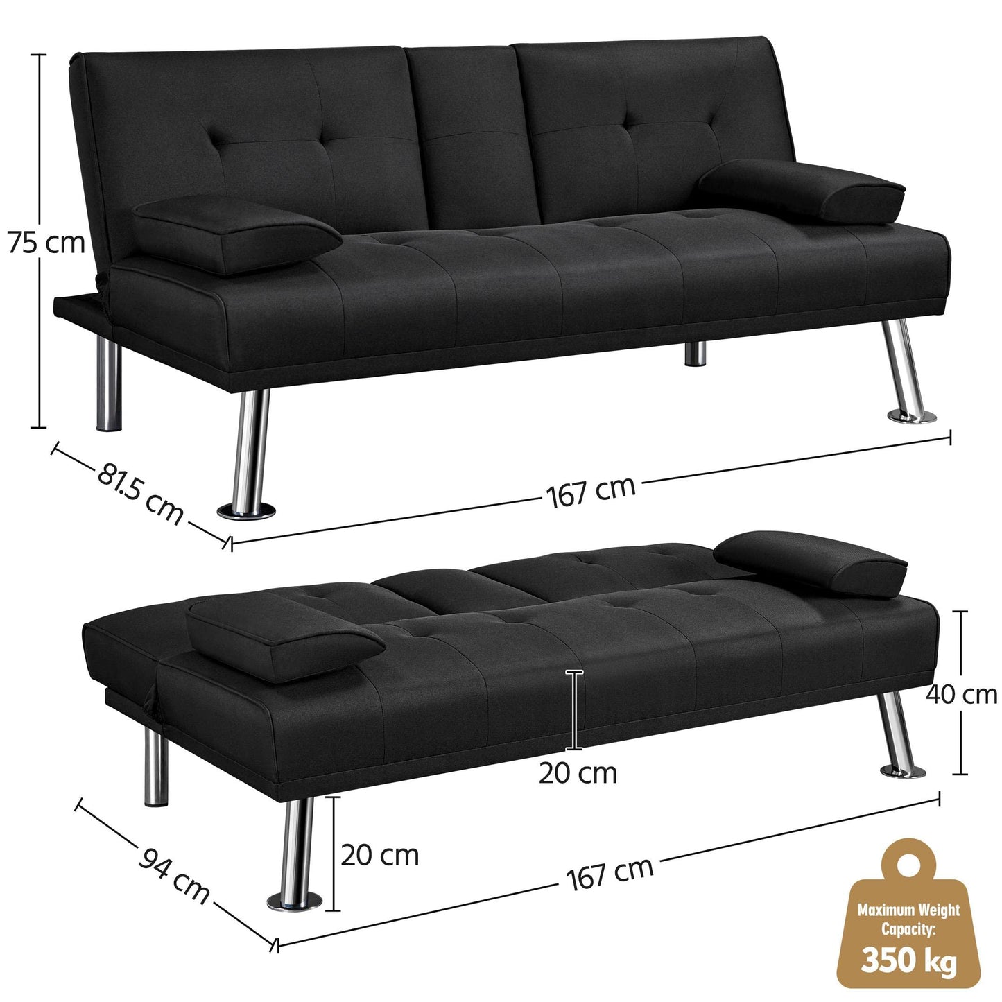 - Yaheetech Sofa Bed,Fabric Click Clack Sofa Bed with 2 Cup Holders, Convertible Bed Settee.