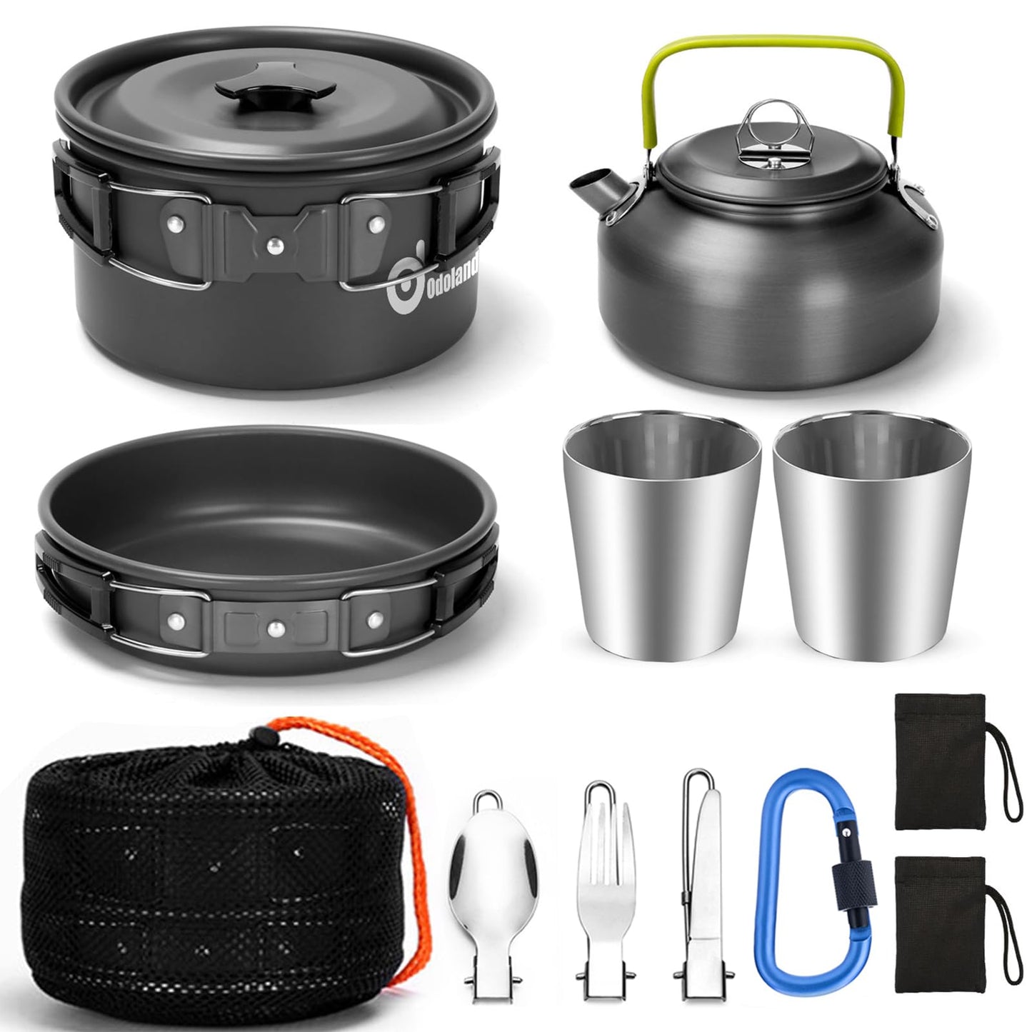 - Odoland Camping Cookware Mess Kit | 2 People | Lightweight Outdoor Pot Pan Kettle with 2 Cups -