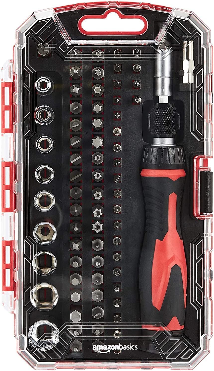Amazon Basics 73-Piece Magnetic Ratcheting Wrench and Electronics Precision Screwdriver Set, Black, Red, Silver