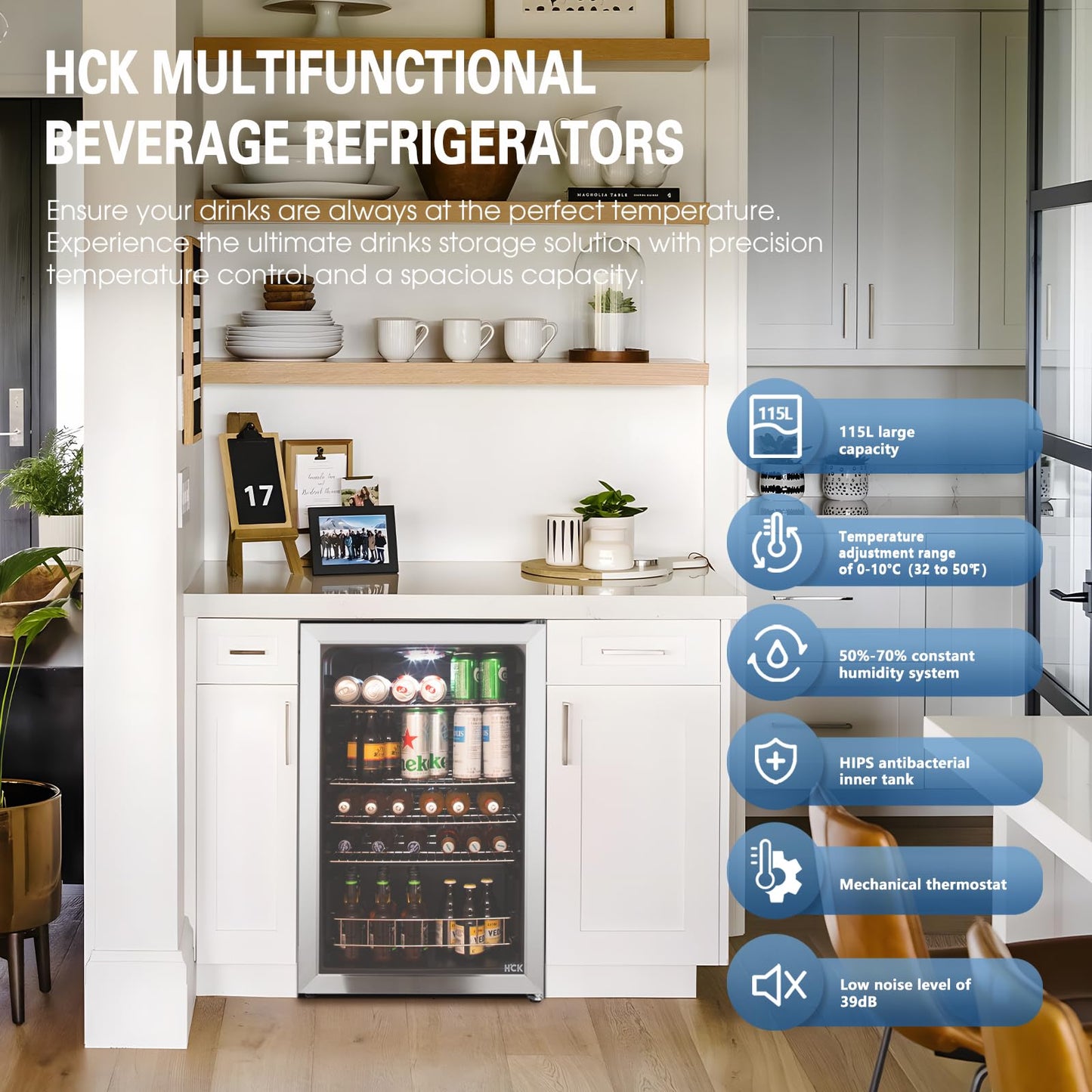 - HCK Beer Fridge | 115L Freestanding Beverage Fridge | Dual-Glazed Glass Door -