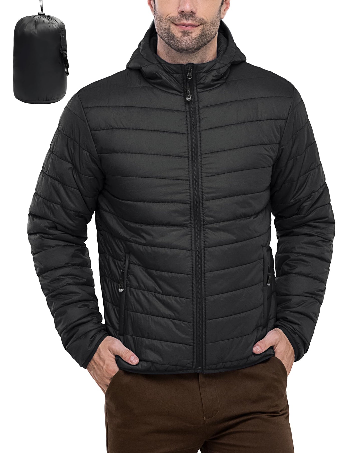33,000ft Lightweight Waterproof Puffer Jacket Men's Packable Insulated Winter Jacket with Hood Windproof Mens Quilted Coat for Hiking, Travelling Black L