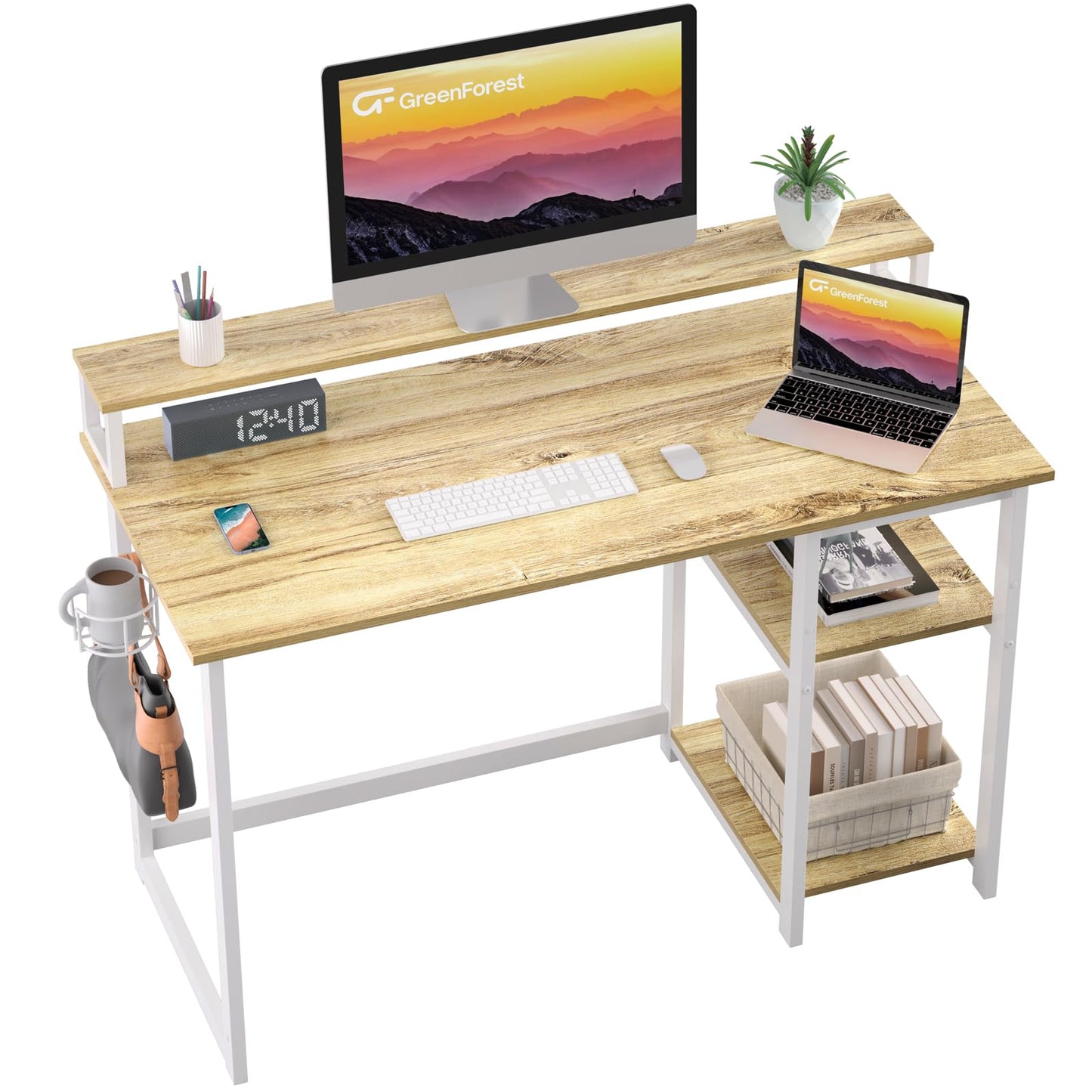 - GreenForest Computer Desk With Full Monitor Stand | 100cm Home Office Desk -