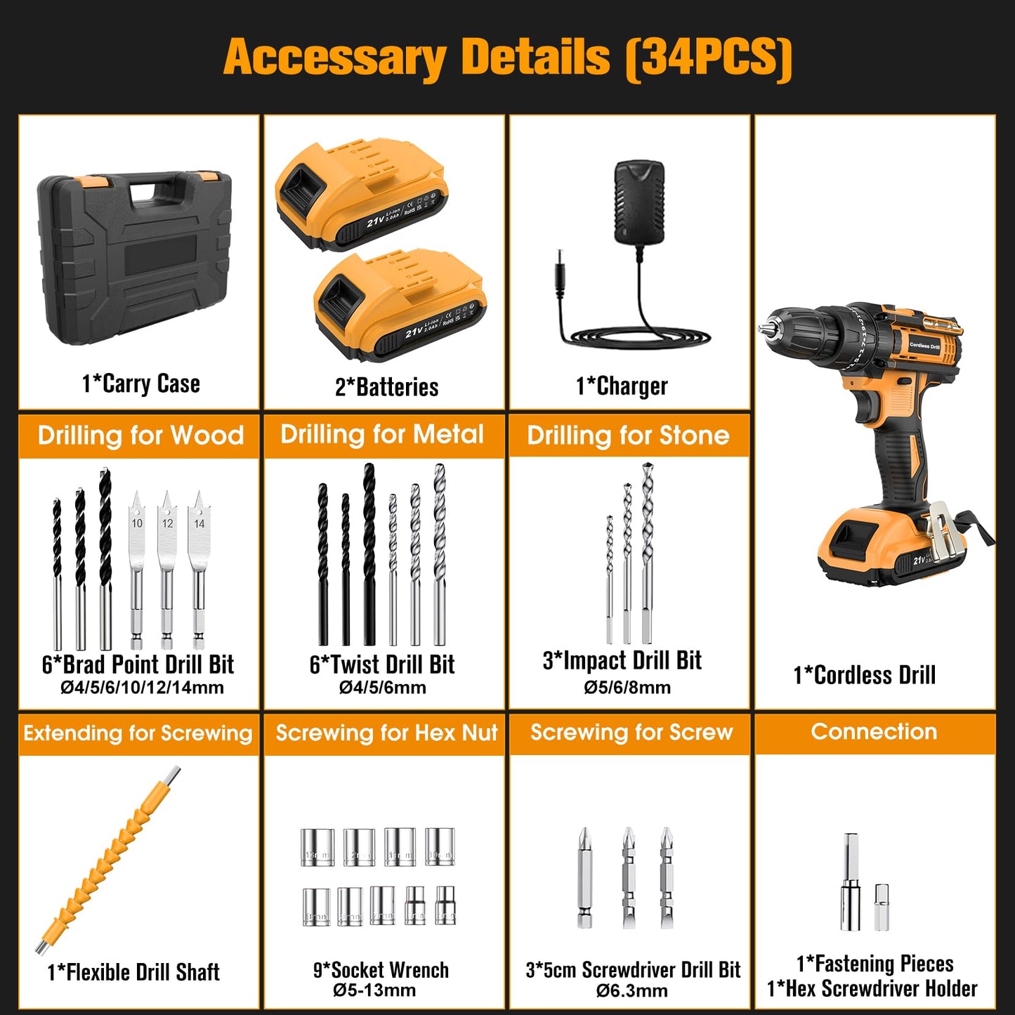 Cordless Drill Driver 21V, Cordless Hammer Drill with 2 Batteries 2000mAh, 25+3 Torque, 42N.m Max Electric Drill, 30PCS Drill Bits, 2 Speed, LED Light for Home and Garden DIY Project