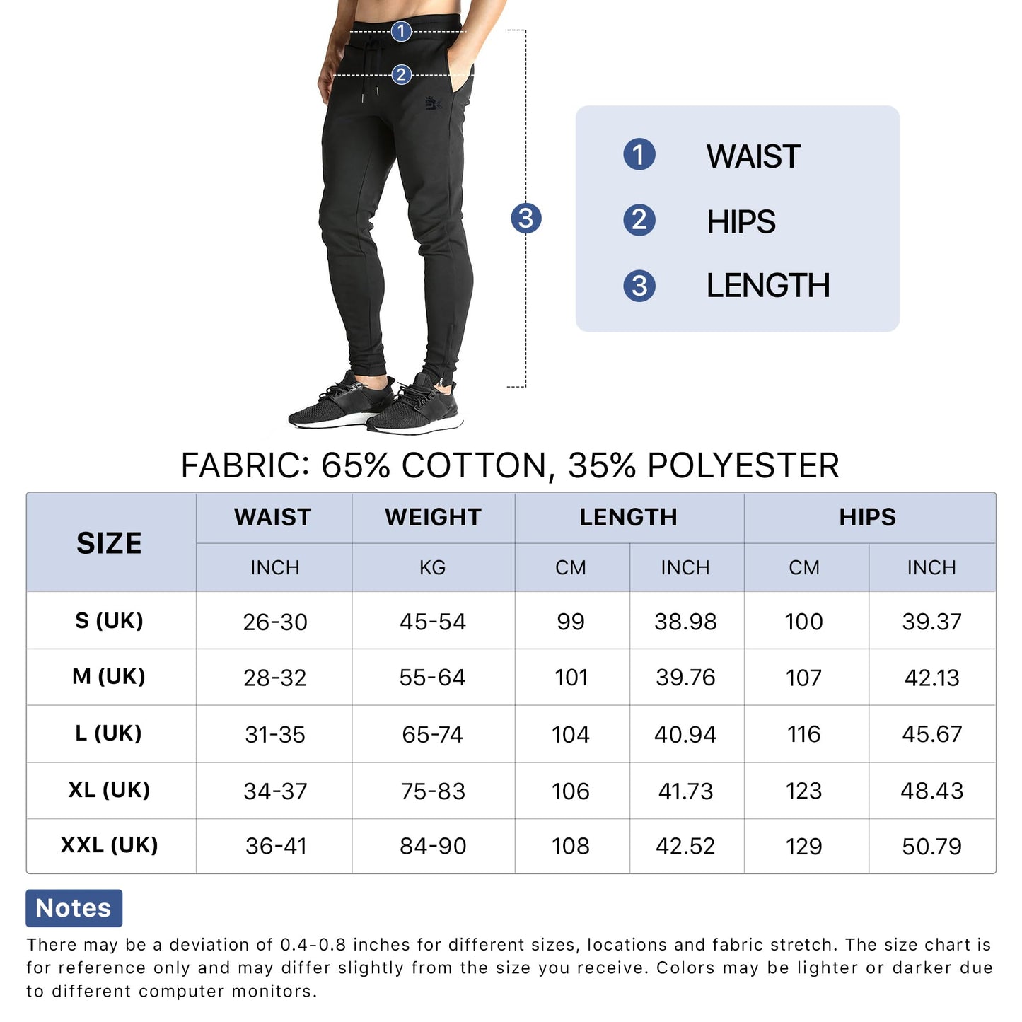 BROKIG Mens Zip Gym Joggers Sweatpants Slim fit Tracksuit Bottoms Casual Chinos Running Trousers Pockets(Large, Black)