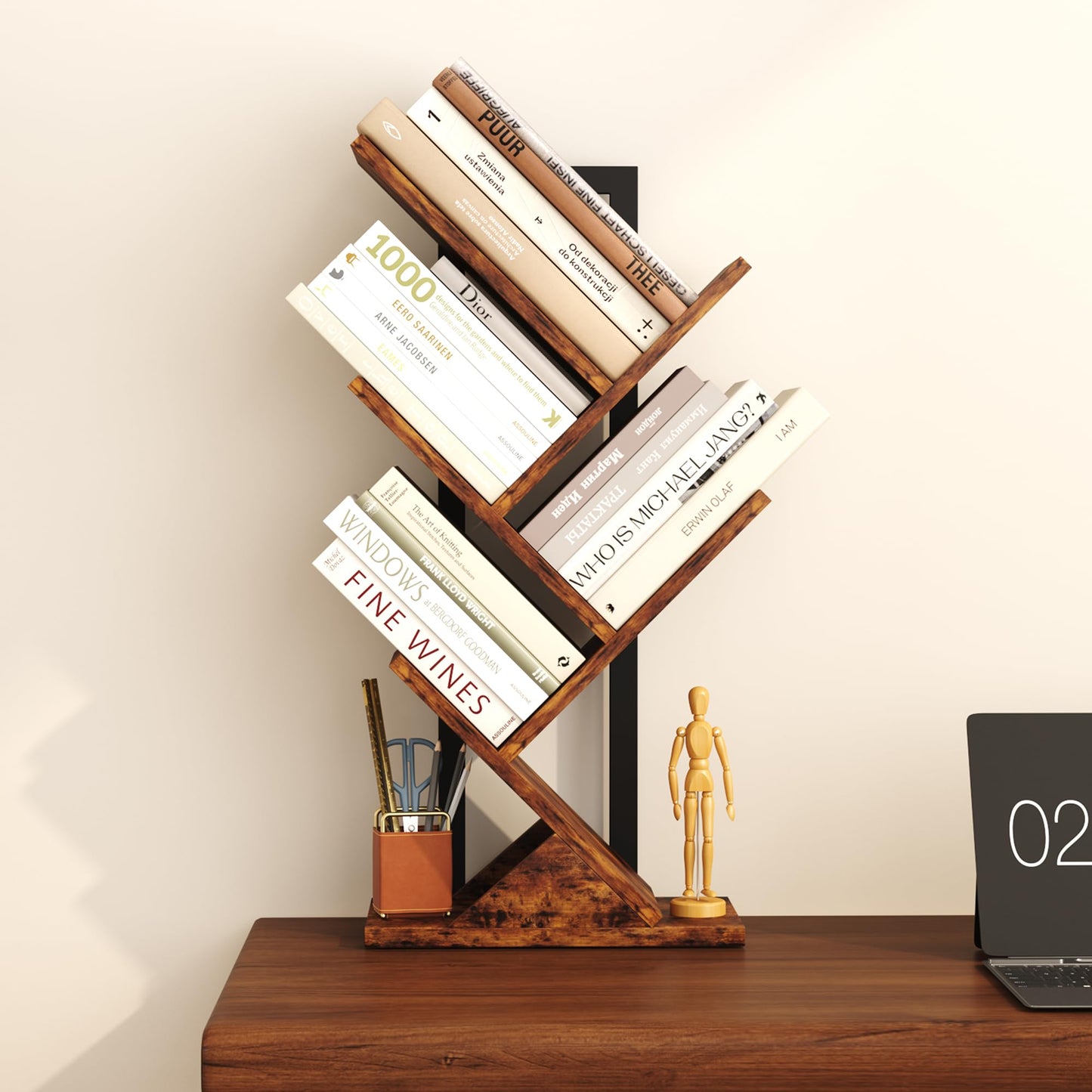 - Yusong Tree Bookshelf, 5-Tier Small Bookcase with Metal Frame, Geometric Floor Standing Books Shelves