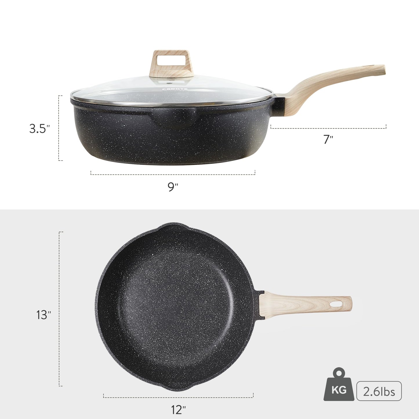 CAROTE Saute Pan with Lid, Non Stick Induction Deep Frying Pan with Lid, Stir-Fry Pan for All Hobs, 32cm/6 Litre