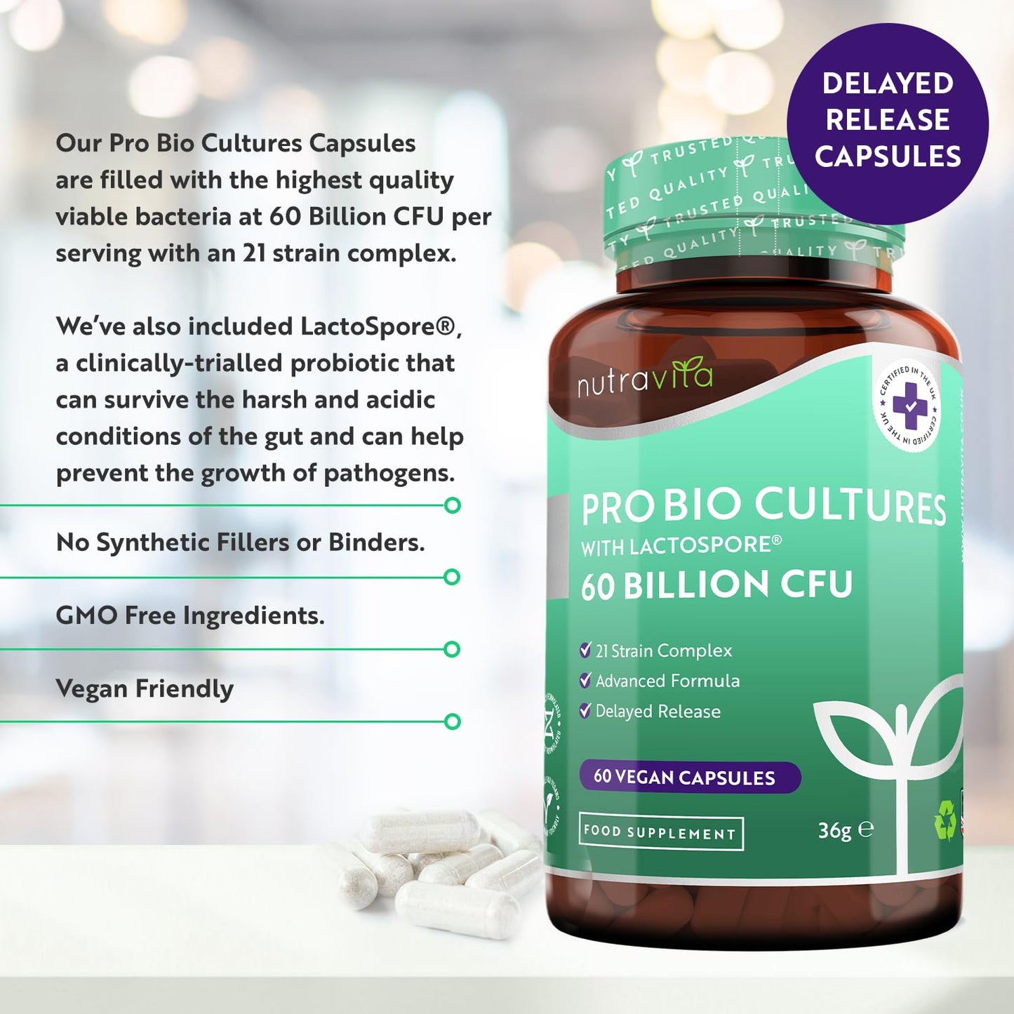 60 Billion CFU Probiotic Cultures - Scientifically Backed Lactospore® for Good Gut Flora - Enteric Coating to Ensure Probiotics are Delivered Directly to The Gut - Made in The UK