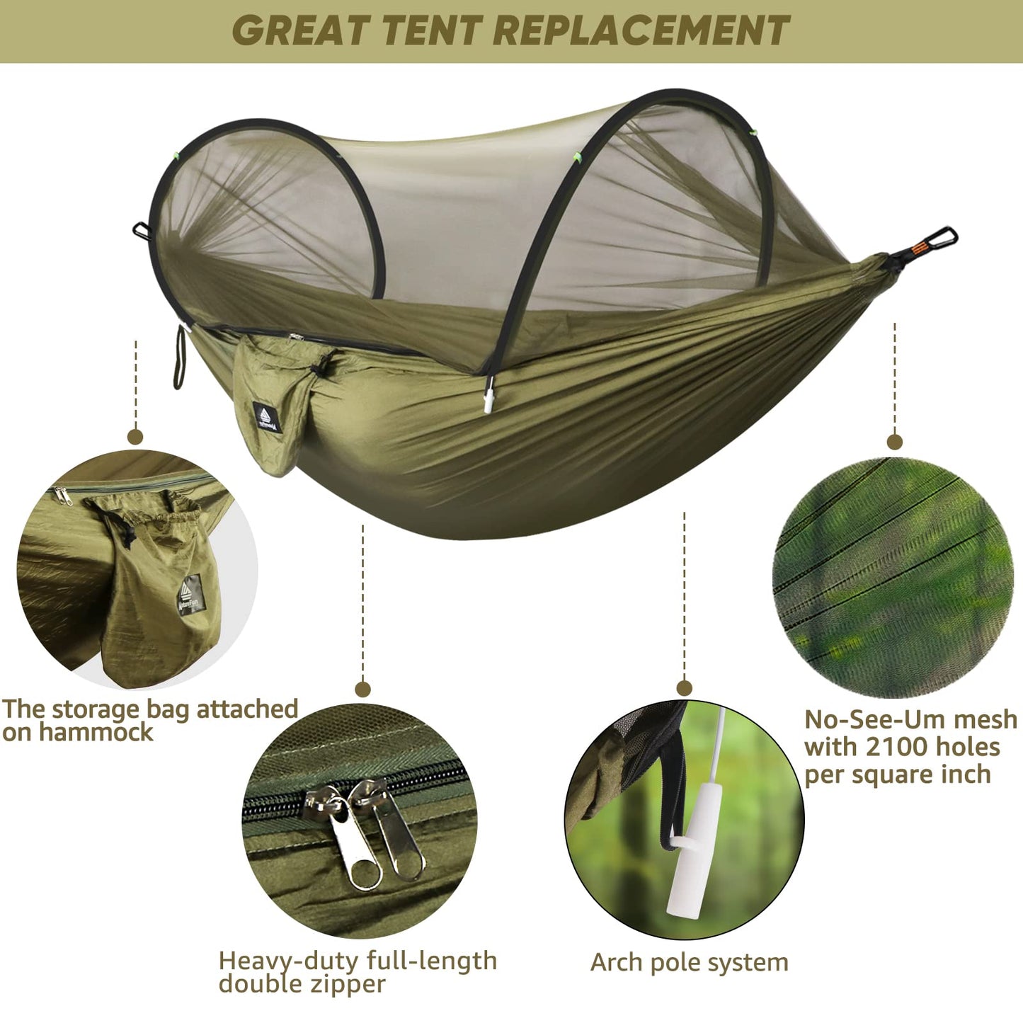 Chihee Ultra-Light Travel Camping Hammock Pop-up Bug Net Hammock 300kg Load Capacity,Breathable,Quick-drying Parachute Nylon 2 Premium Carabiners,2 Tree Slings Included for Outdoor Backpacking Hiking