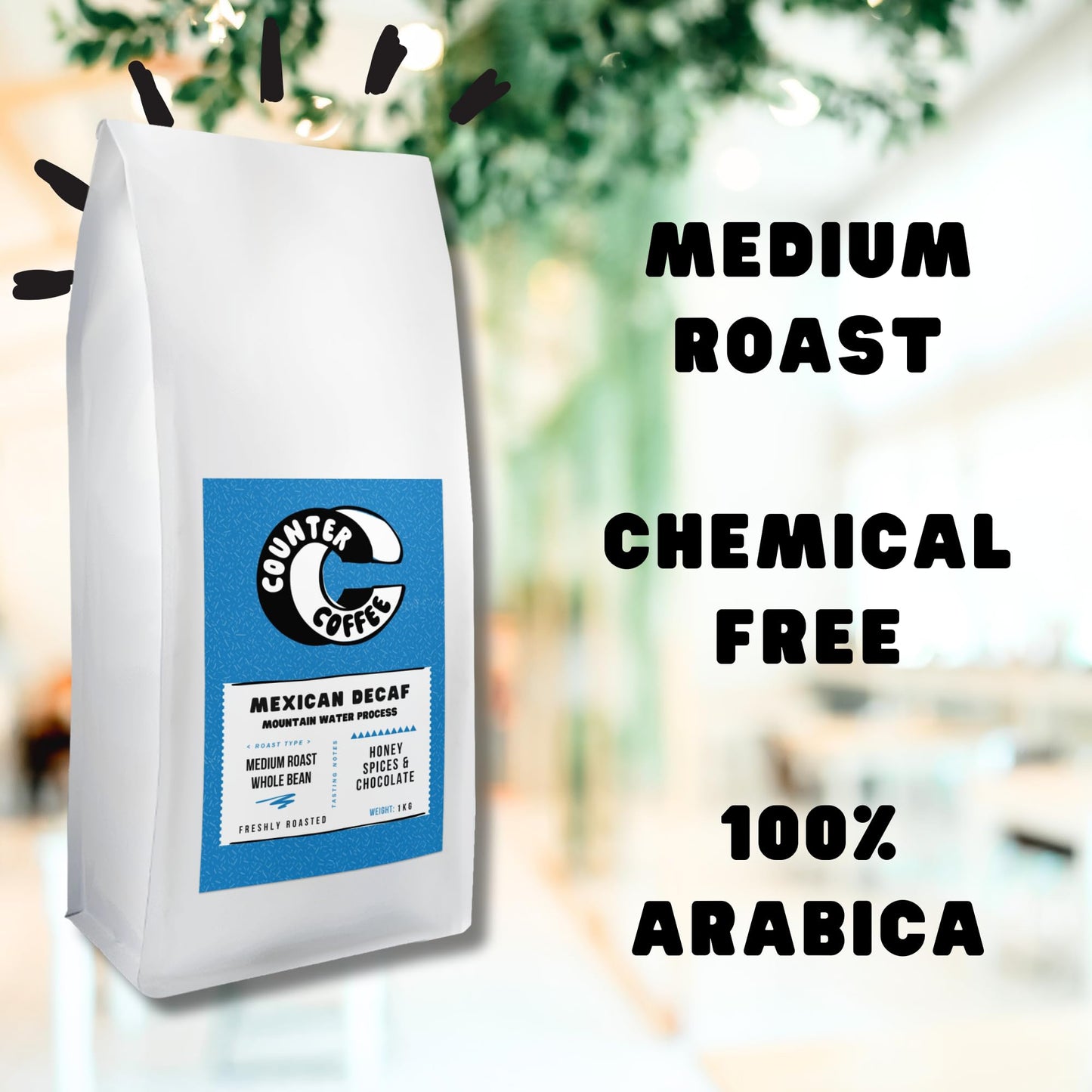 Counter Coffee | Mexican Decaf Whole Beans | Chemical-Free Decaffeinated | 100% Arabica Beans Medium Roasted | Rainforest Alliance Certified | Perfect for Afternoons | 1KG Whole Bean