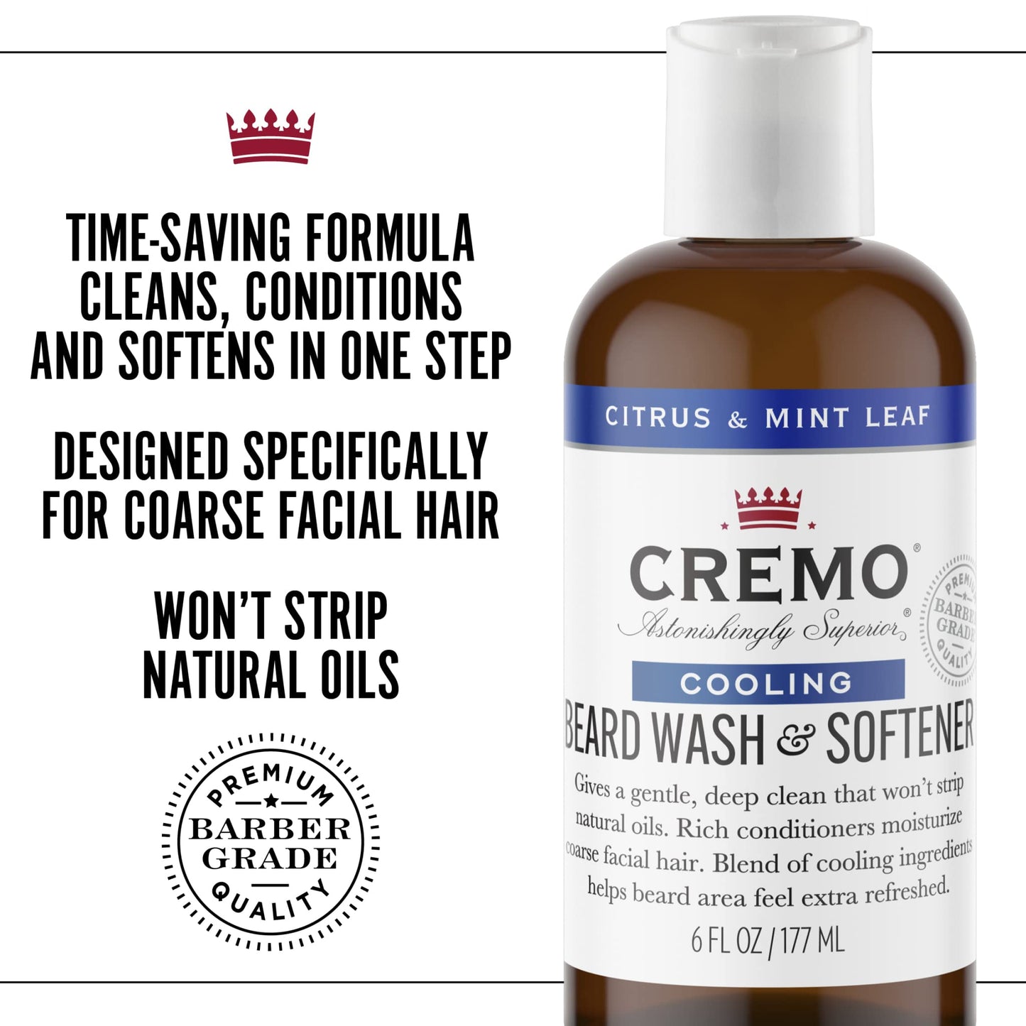 CREMO - Beard Wash and Softener For Men - Cooling Citrus & Mint Leaf - 177ml