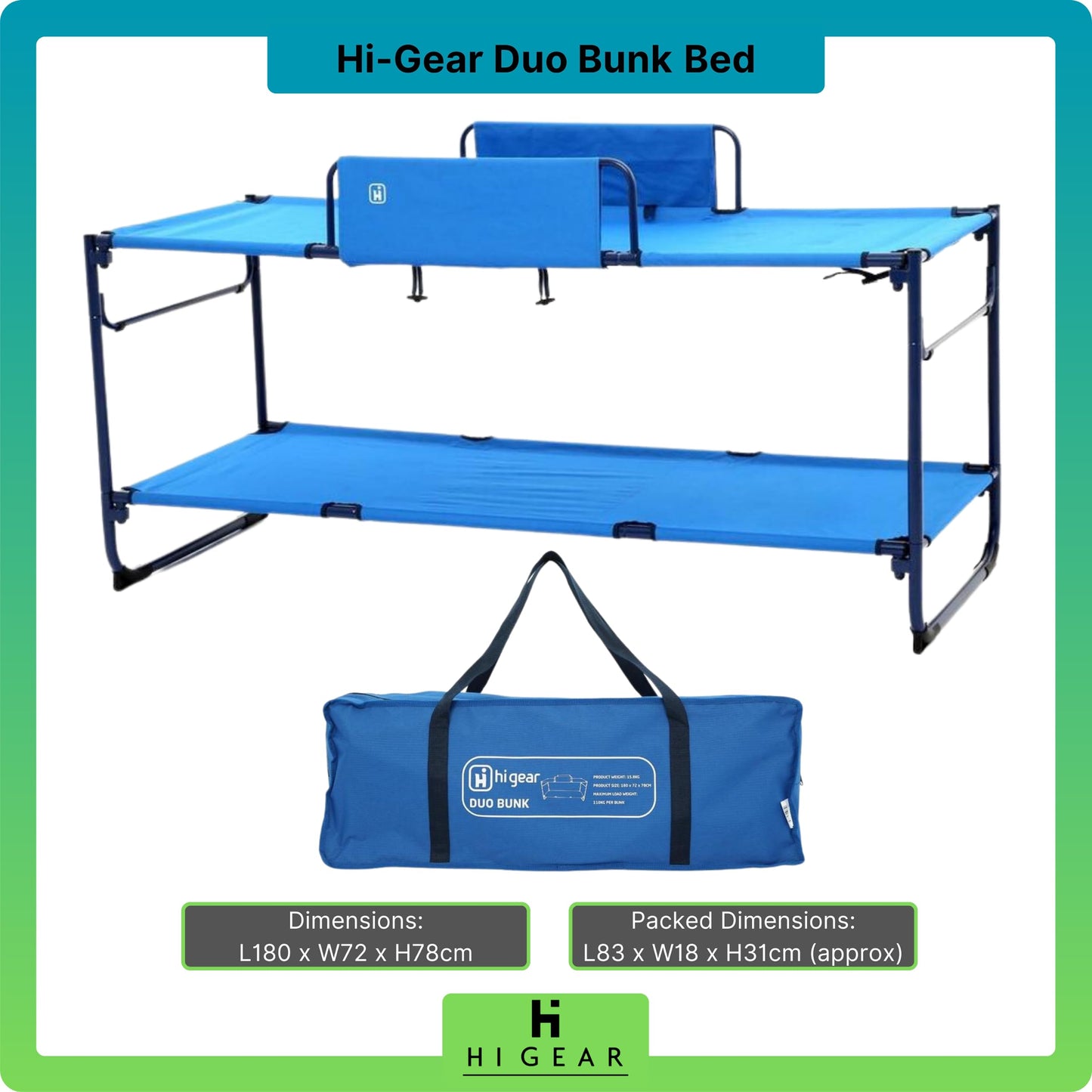 - Hi-Gear Duo Bunk Beds | 2 People | Portable | Folding | Collapsible | Steel Frame -