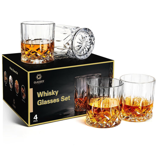- GLASKEY Whiskey Glasses Set of 4 | 315ml Lead-Free Crystal Whiskey Tumbler -