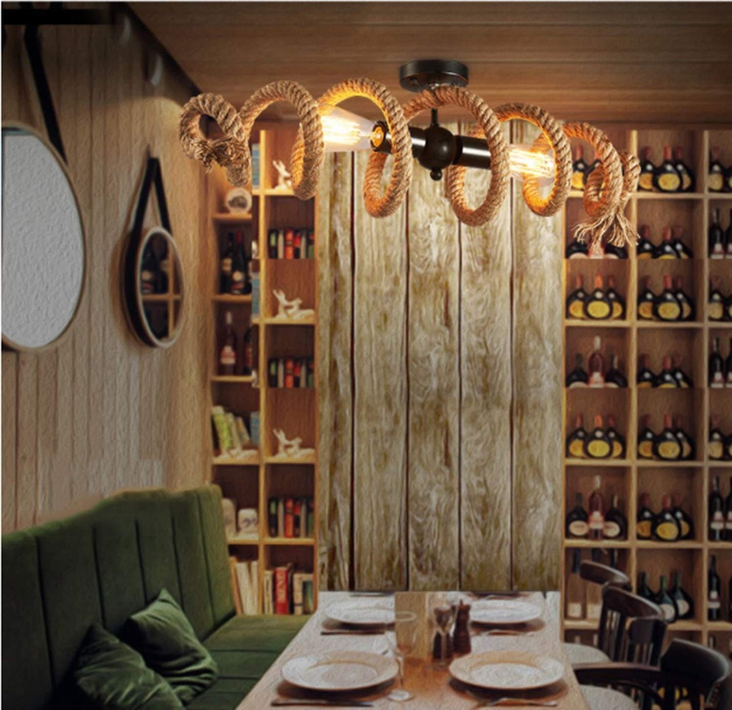 - Vintage Ceiling Light Hemp Rope Light Retro Bedroom Rope Lamp Spiral Design -