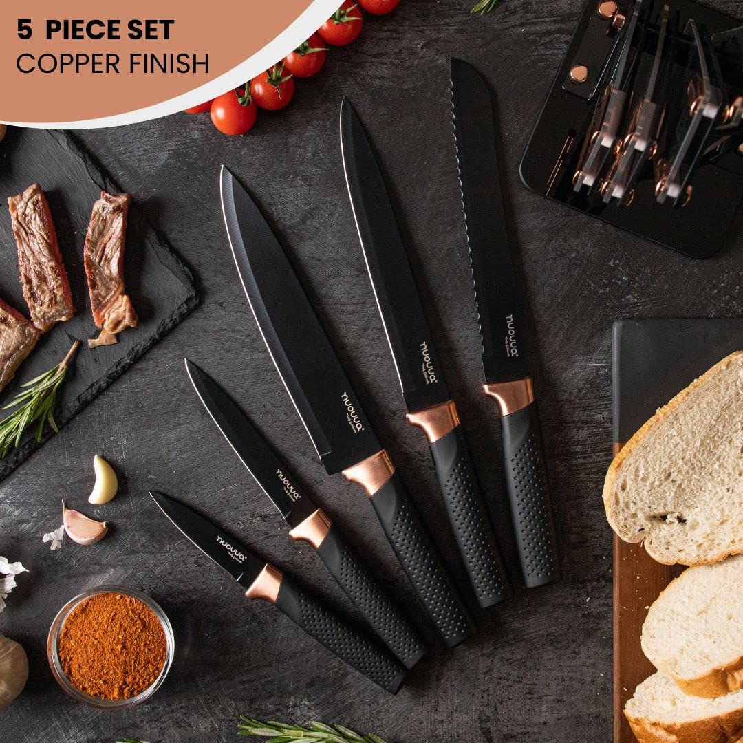 - Kitchen Knife Block Set Copper 5 Piece Set with Knives Clear Acrylic Block Stainless Steel Blades - by Nuovva