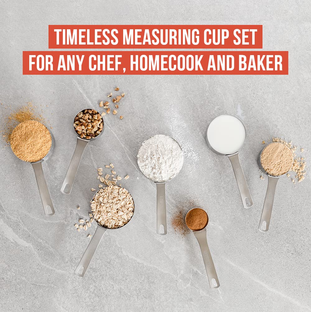 Chef Pomodoro Stainless Steel Measuring Cups, 7-Piece Set, Sturdy Long Handles, Nesting and Stackable, Metal Kitchen Spoons for Wet and Dry Ingredients