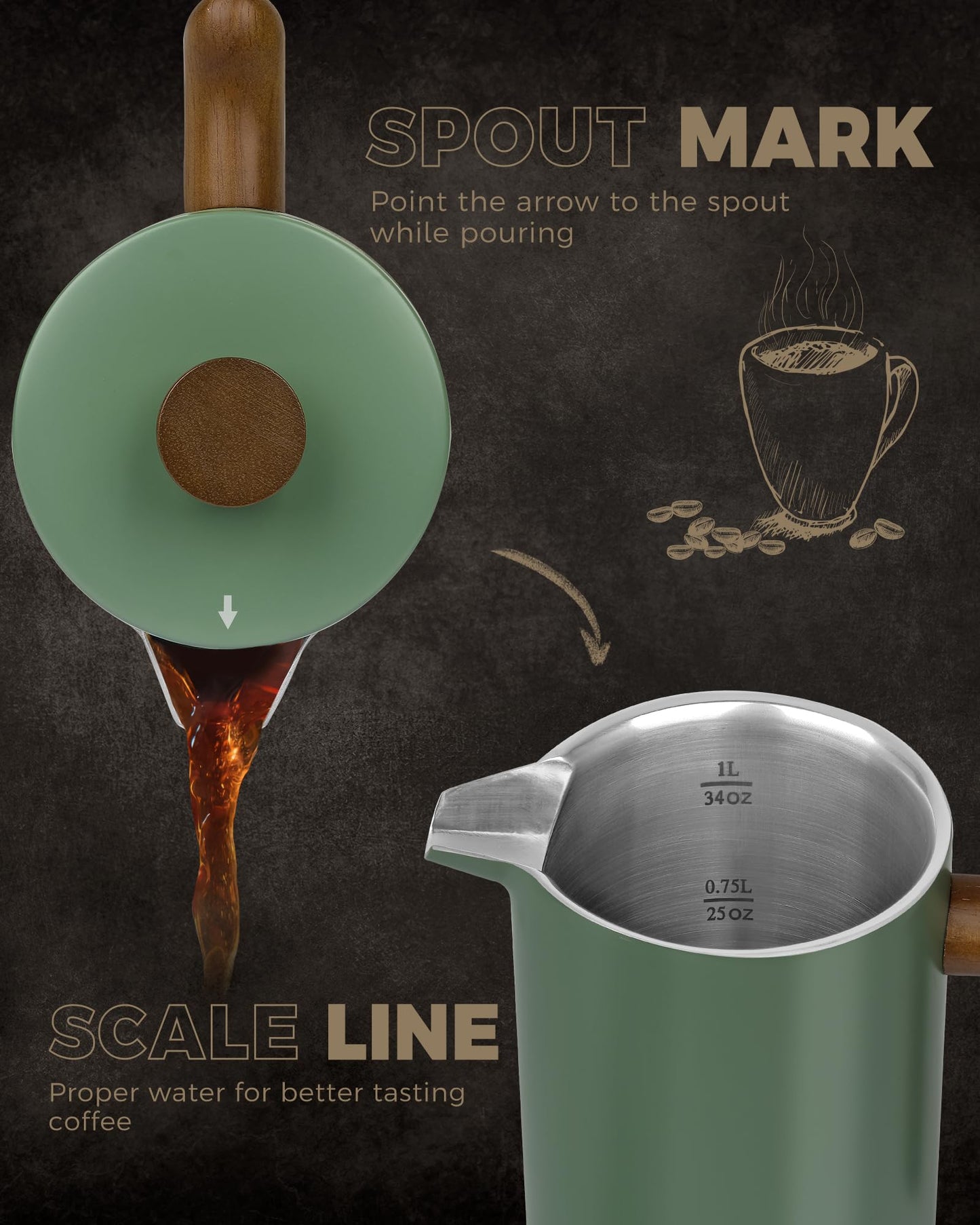 - POLIVIAR Cafetiere 8 Cup- French Press Coffee Maker with Wood Handle | Stainless Steel Cafetiere for Coffee and Tea (1 L) -