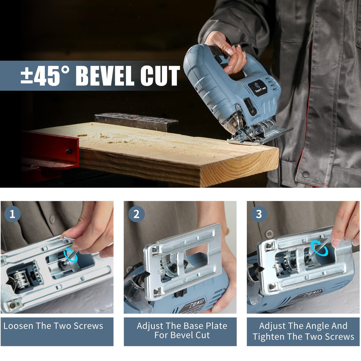 C P CHANTPOWER Jigsaw Tool, 600W 800-3000 SPM Jig Saw with 6 Variable Speed, 4 Orbital Sets, 6 T-Shank Saw Blades, Scale Ruler, ±45°Bevel Cutting Angle