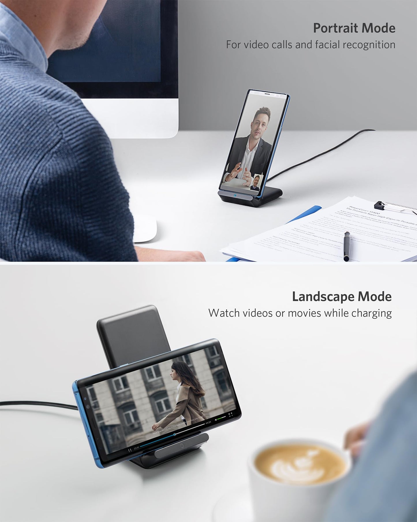 Anker Wireless Charger, PowerWave Stand, Qi-Certified for iPhone 15/14/13/12 Series, SE, 11, 11 Pro, 11 Pro Max, XR, Xs Max, 10W Fast-Charging Galaxy S20 S10 S9 S8, Note 10 (No AC Adapter)