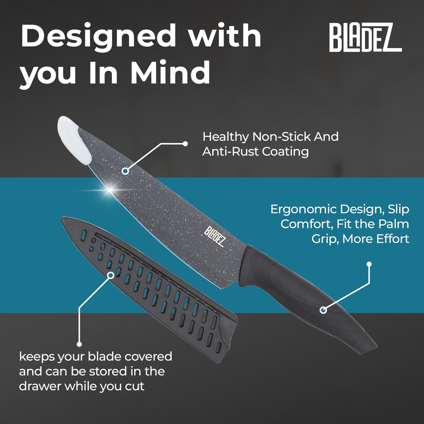 Bladez Professional Kitchen Knife Set, 5 Pcs Stainless Steel Kitchen Knives Set with Ultra Sharp Blade and Soft Handle, Includes Chef, Bread, Carving, Utility and Paring Knife, All in a Gift Box