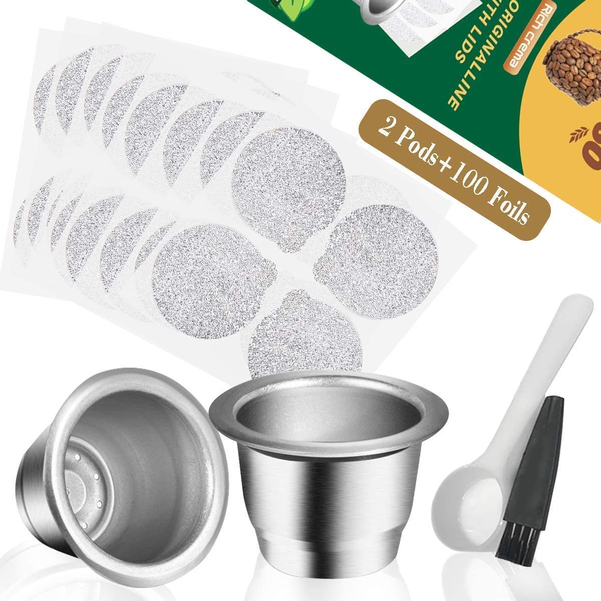 CAPMESSO Reusable Espresso Capsules Refillable Coffee Pod Stainless Steel Cups Compatible with Nespresso OriginalLine Brewer (2 Pods+100 Lids)