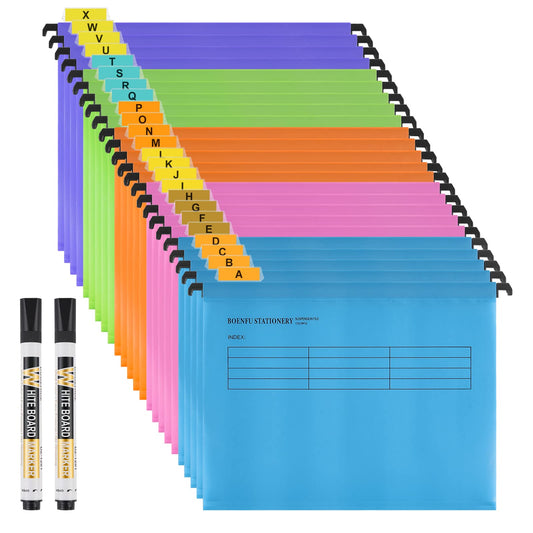 A4 Suspension Files,BOENFU 24 Pack Polypropylene for Suspension Files A4 Filing Cabinets with Tabs,Card Inserts and Erasable Pen for School Home Work Office Organization (24 Pack,5 Colors)