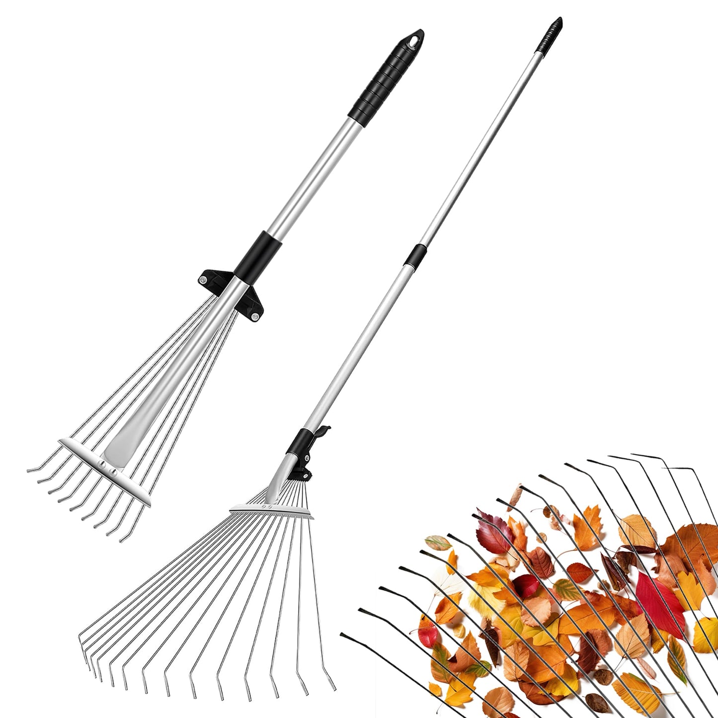 - Munnie 38-63 inch Garden Rake | Adjustable Soil Rake with 25 tines | Moss Rake for Quick Clean Up -