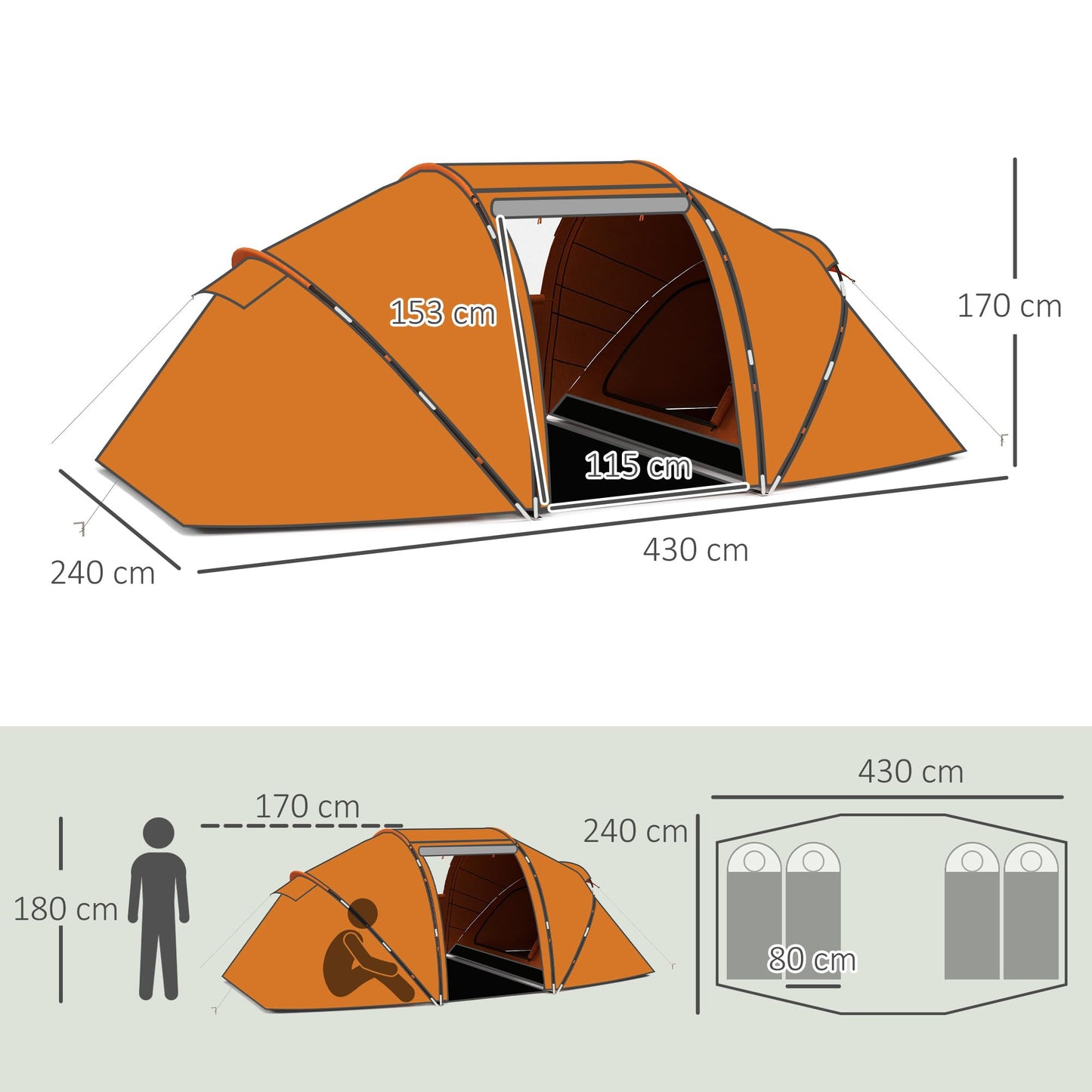 - Outsunny 4-6 Man Camping Tent | Two Bedroom | Hiking Sun Shelter -