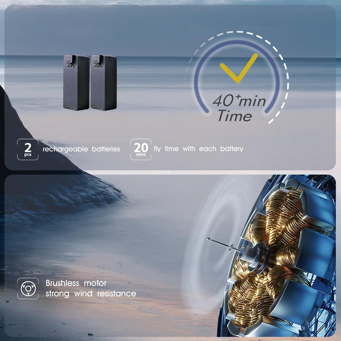 Brushless Super Endurance Foldable Quadcopter Drone for Beginners–40+ mins Flight Time, Wi-Fi FPV Drone with 120°Wide-Angle 1080P HD Camera, Follow me, Dual Cameras(2 Batteries)