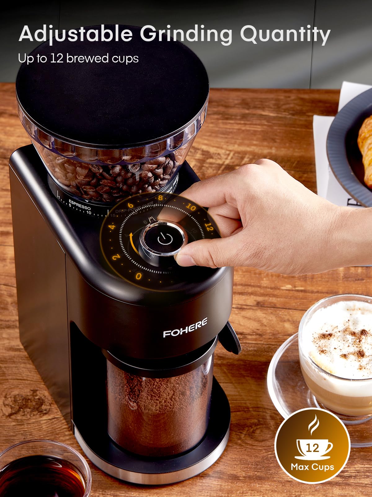 - FOHERE Anti-static Conical Burr Coffee Grinder | Adjustable Burr Mill with 35 Precise Grind Setting | Espresso, Drip Coffee, French Press, Black -