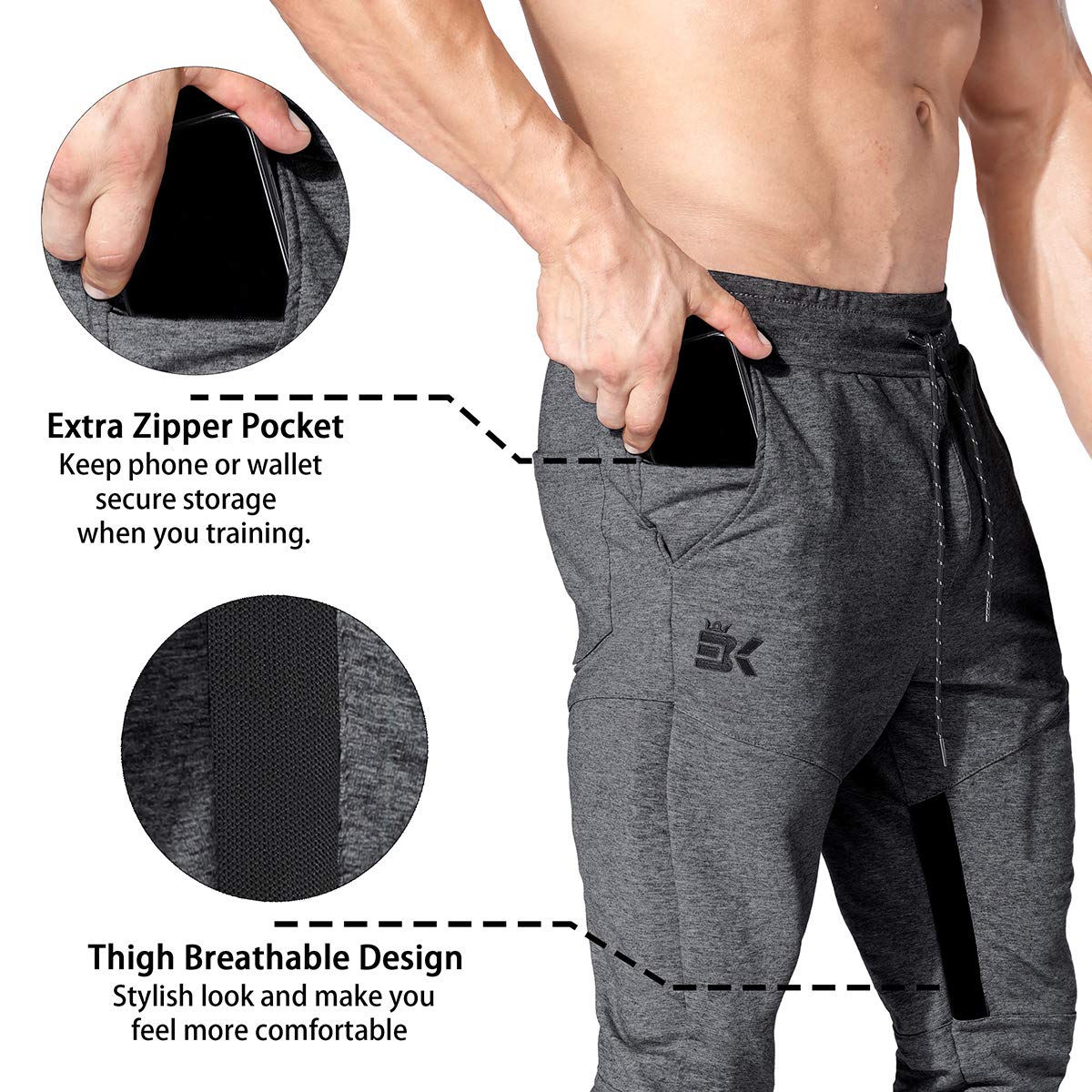 BROKIG Mens Thigh Mesh Gym Joggers Trousers Running Slim Fit Tracksuit Bottoms Sweatpants Men Zip Pockets (S, Dark Grey)