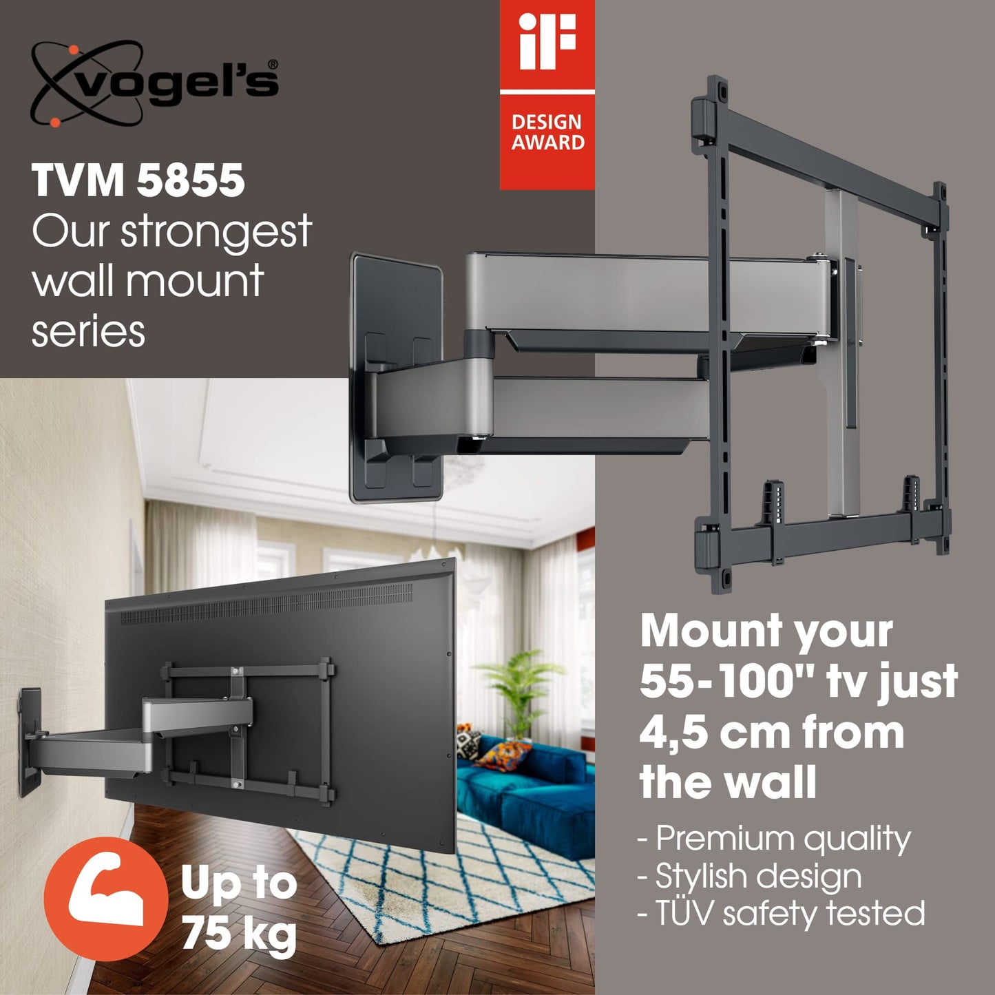 - Vogel's Elite 5855 ultra strong full-motion TV wall mount for large and heavy TVs -