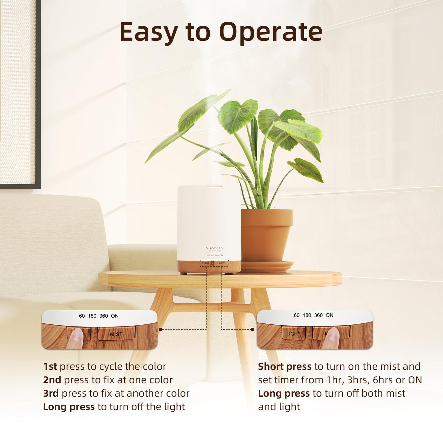 ASAKUKI 300ml Essential Oil Diffuser, Ultrasonic Aromatherapy Scented Diffuser Humidifier for Bedroom,Baby Room,Spa with 7 LED Color Lights and Auto Shut-Off, BPA-Free- Yellow Wood Grain