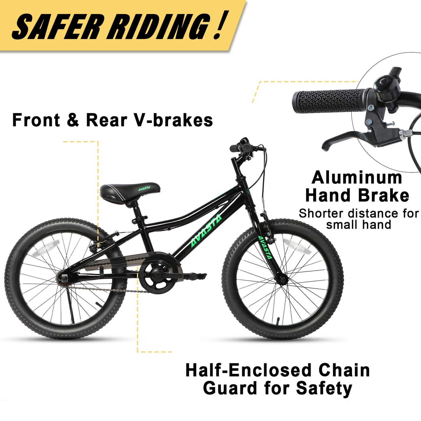 AVASTA 20 inch Kids Bike for 6 7 8 9 10 Years Old Big Kids Boys Girls Teen with Dual Handbrakes & Kickstand and Adjustable Seat,Black