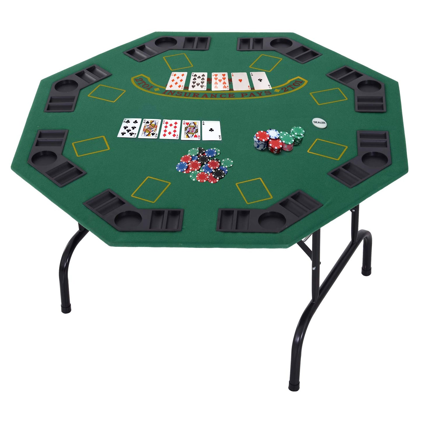 - HOMCOM 8 Player Folding Games Poker Table | Chip Cup Holder | Steel Base | Felt Top | Octagon -