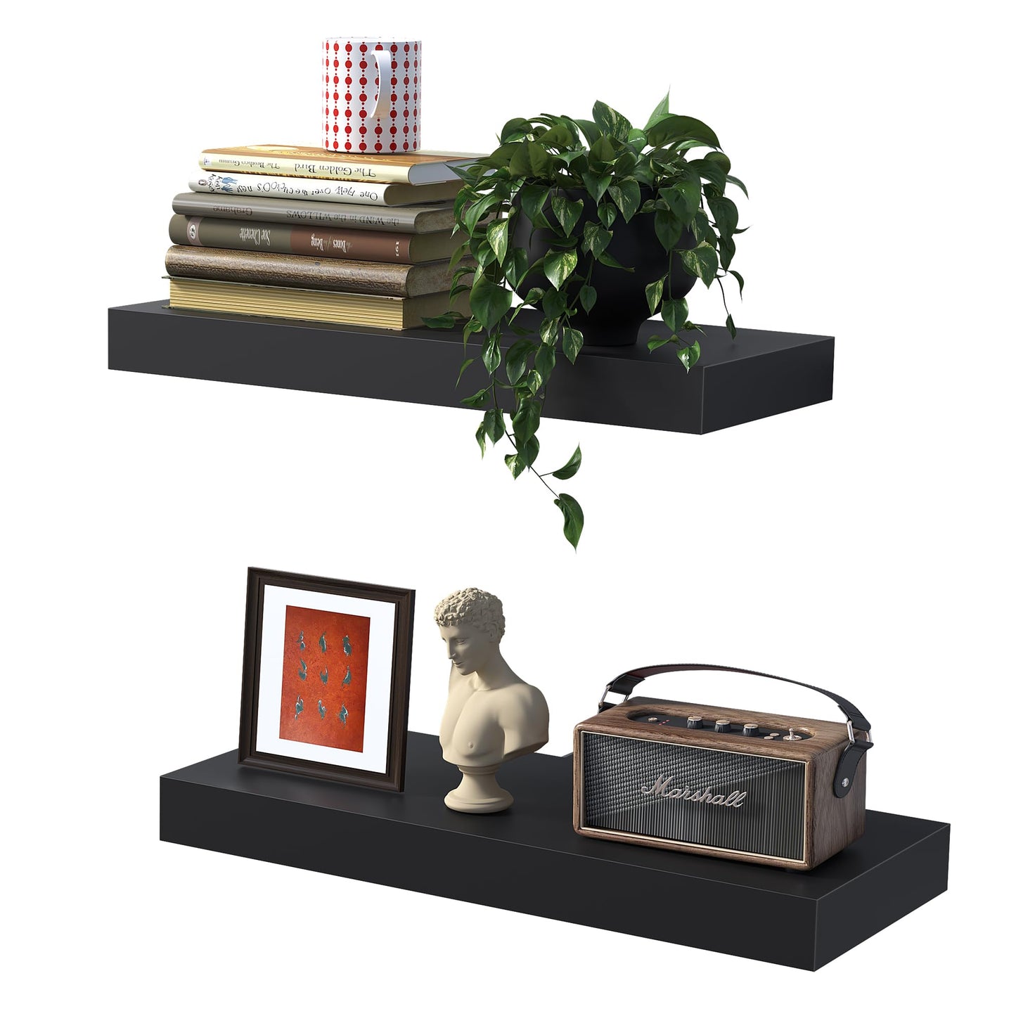 BONTEC Wood Floating Shelves Set of 2, 40cm Bathroom Wall Shelves up to 10kg, Wall Mounted Farmhouse Décor for Bathroom, Bedroom, Living Room and Kitchen, Office, etc (Black)