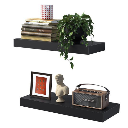 BONTEC Wood Floating Shelves Set of 2, 40cm Bathroom Wall Shelves up to 10kg, Wall Mounted Farmhouse Décor for Bathroom, Bedroom, Living Room and Kitchen, Office, etc (Black)