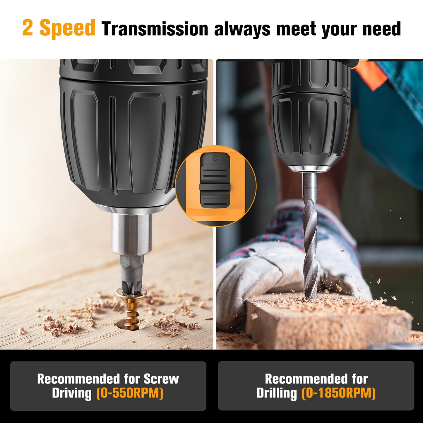 Cordless Drill Driver 21V, Cordless Hammer Drill with 2 Batteries 2000mAh, 25+3 Torque, 42N.m Max Electric Drill, 30PCS Drill Bits, 2 Speed, LED Light for Home and Garden DIY Project