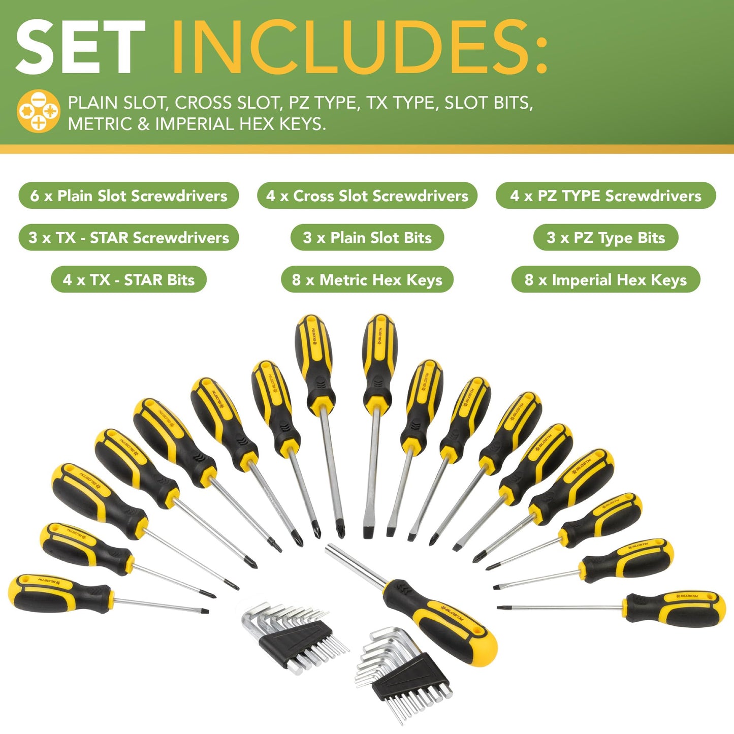 BLOSTM Magnetic Screwdriver Set with Stand - 44PCS Screw Driver Set & Wall Mount Screwdriver Organizer - Crosshead, Flathead, PZ, Star Screw Driver Sets, Metric & Imperial Hex Keys, Screwdriver Bits