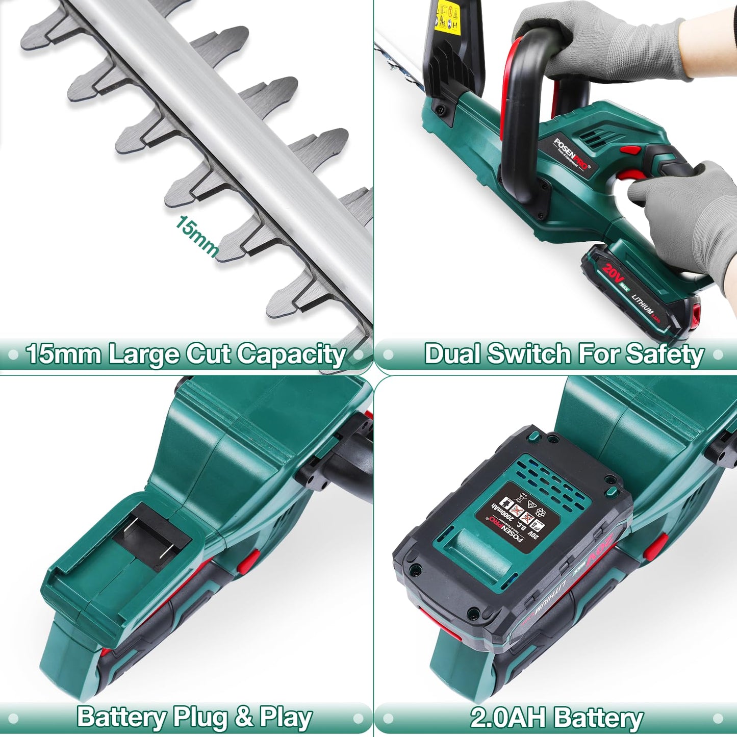 - POSENPRO 20V Cordless Hedge Trimmer | Lightweight Handheld Garden Cutter | Cordless Hedge Cutter with 2.0Ah Battery & Charger -